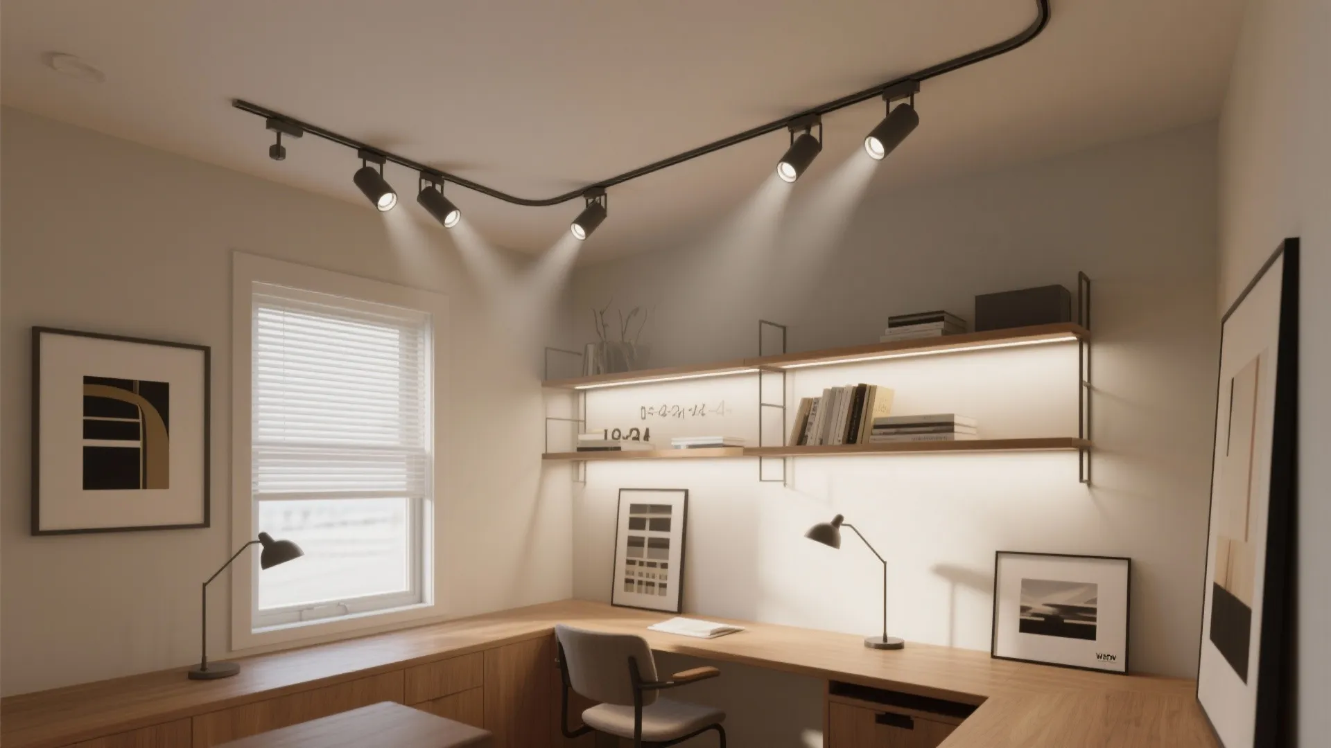 Interior design drawing of home office featuring black track lights wooden desk and wall shelves