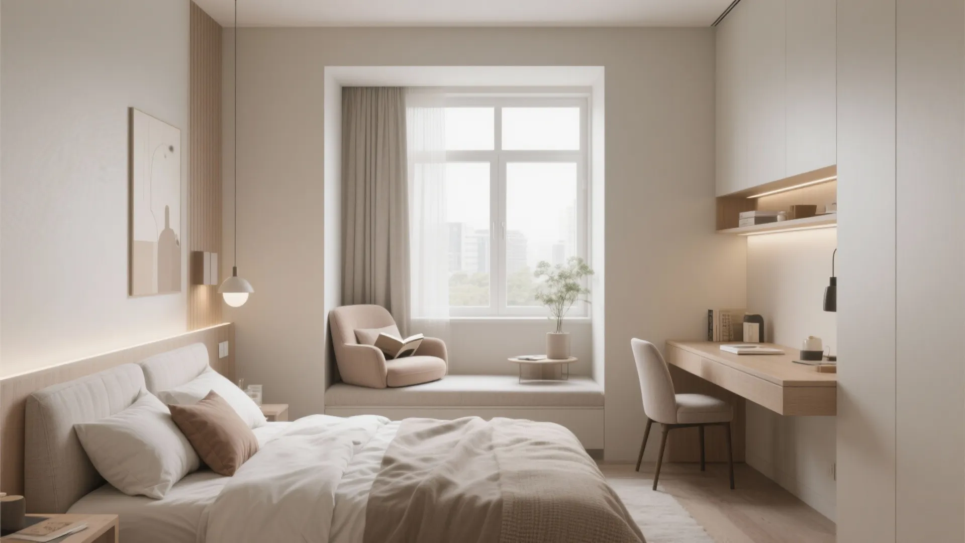 Compact couples’ bedroom with a reading nook and desk in balanced layout