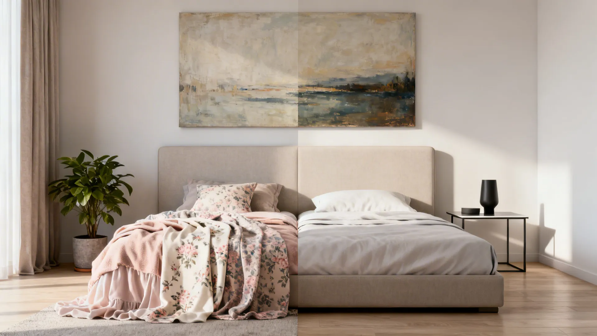 Small bedroom with two subtle zones divided by a shared neutral headboard and oversized art above.