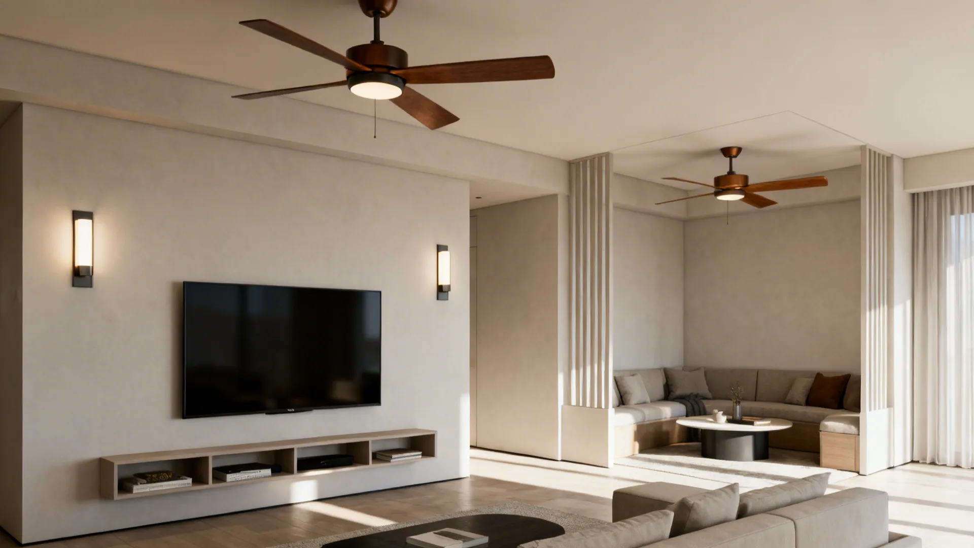 Living room divided into media and conversation zones, each served by its own ceiling fan and coordinated lighting