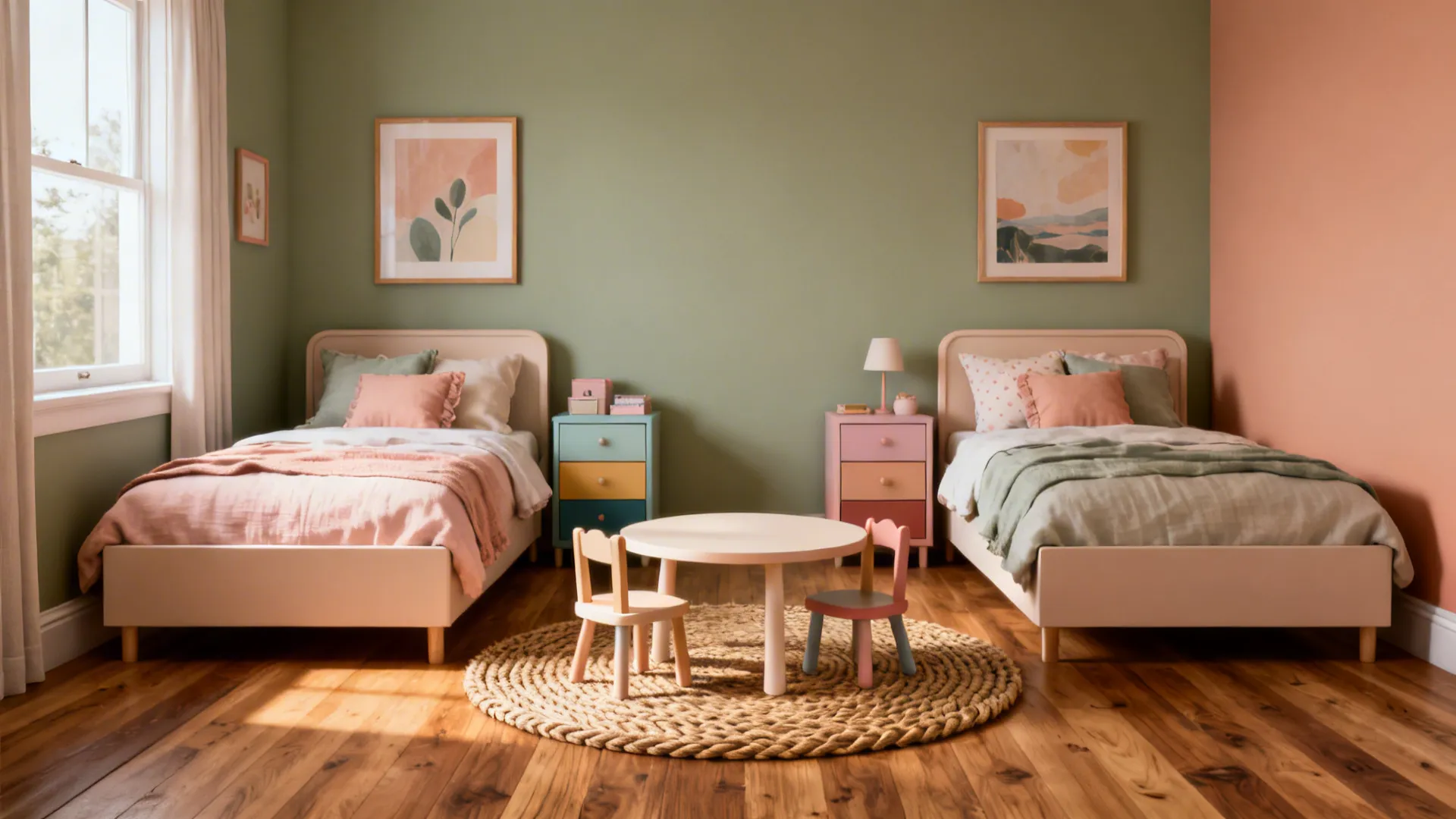 Two twin beds on opposite walls with a shared round table centered on a rug.