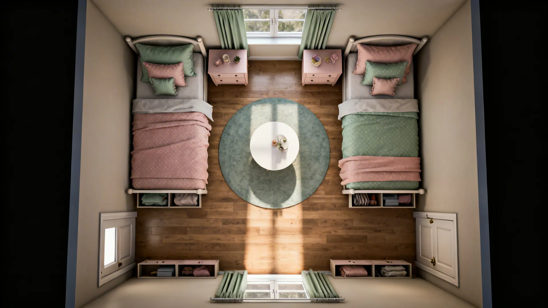Top-down plan-style view showing twin beds, a central round rug, and a shared table with clear aisles.