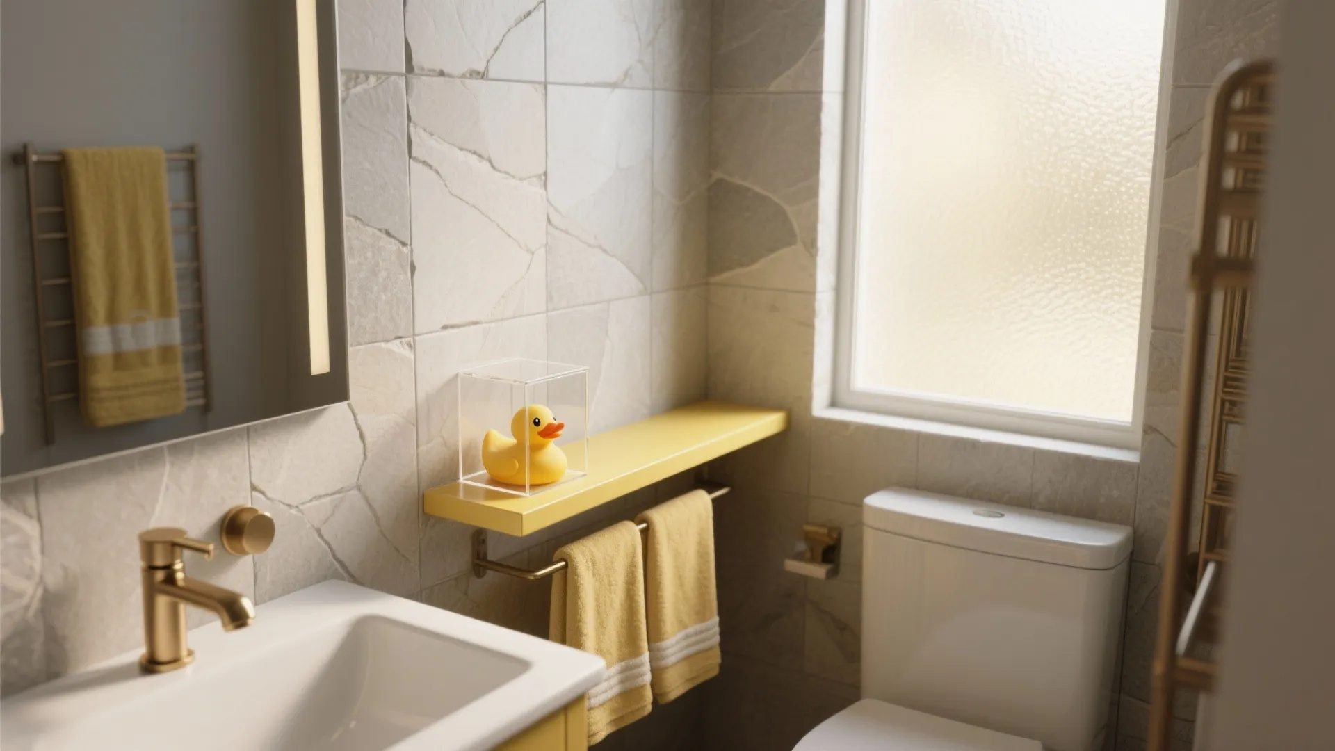 Bright bathroom with yellow shelf rubber duck gold faucet white toilet and natural window light