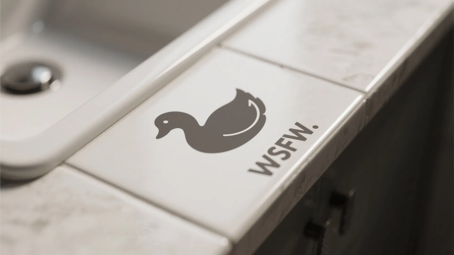 Close up of white bathroom tiles featuring a black duck logo and text beside sink