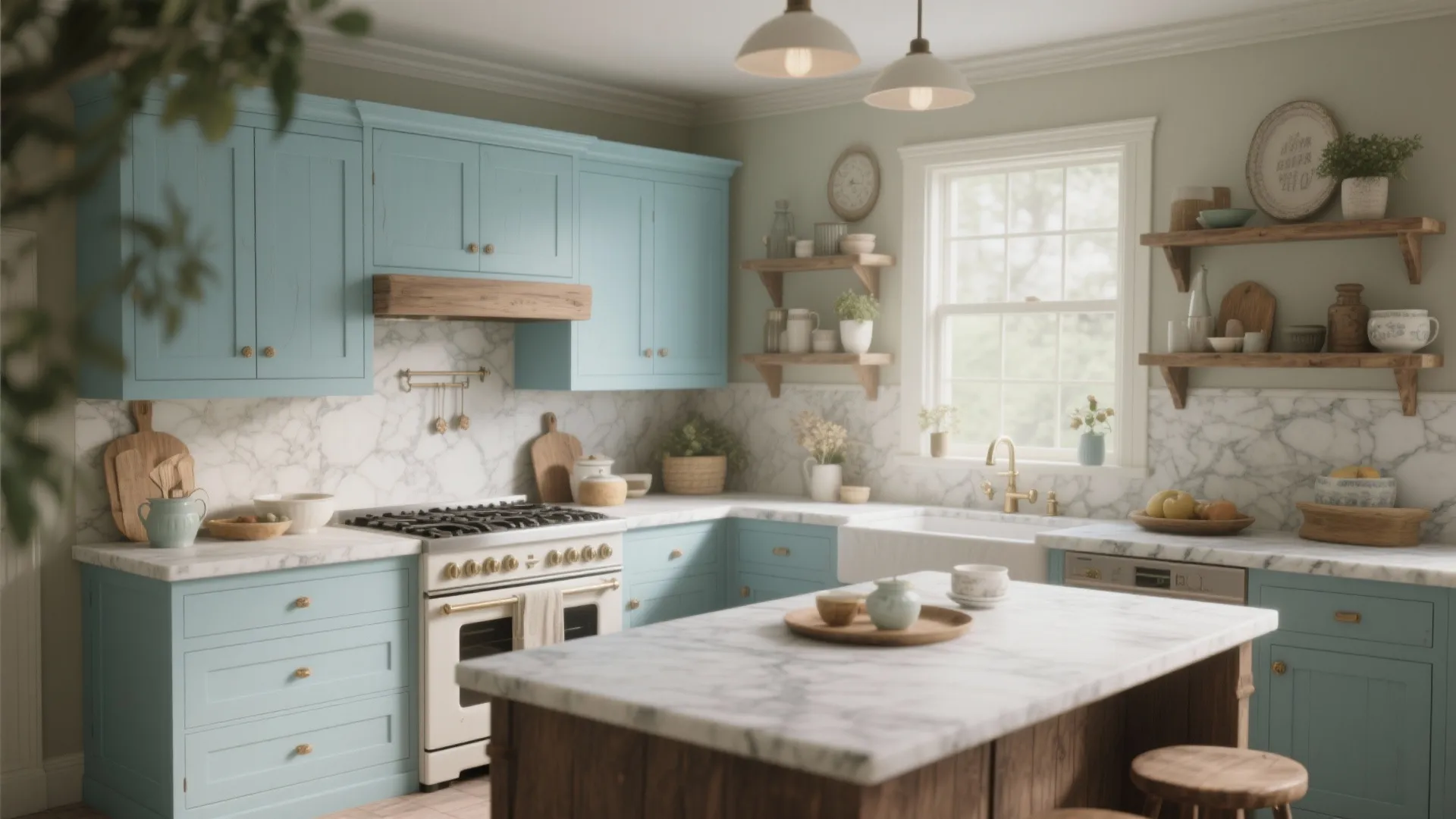 Light blue kitchen cabinets with marble countertops white island and wooden shelves near a large window