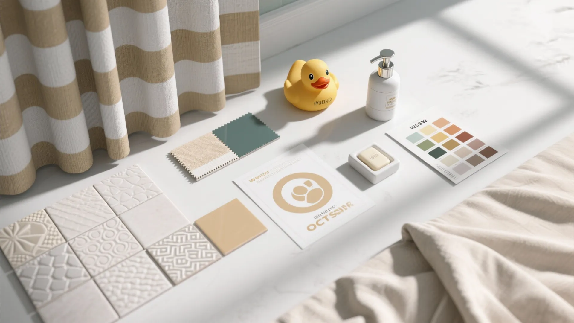 Flat lay of bathroom design materials including tiles color palette fabric swatches and rubber duck