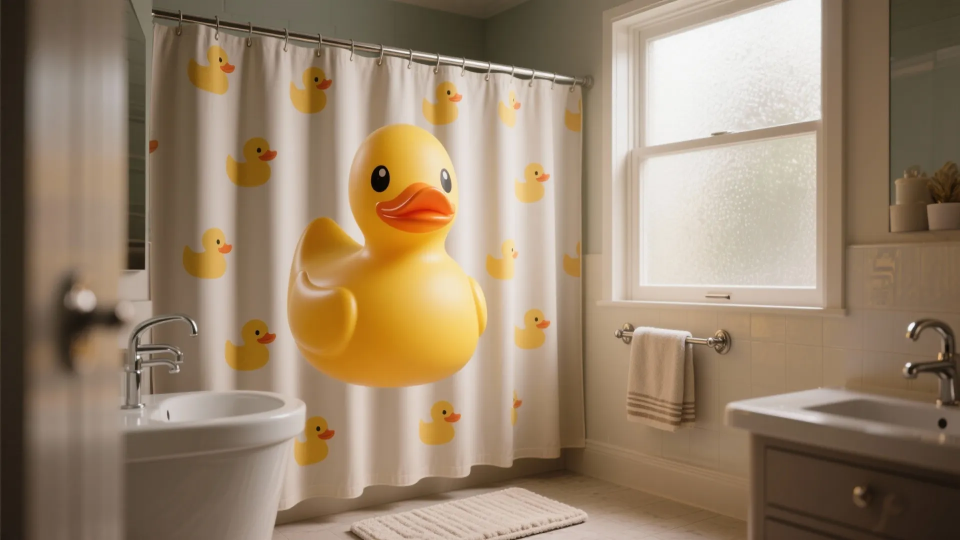 Bright bathroom with a large floating yellow duck toy in front of a patterned shower curtain