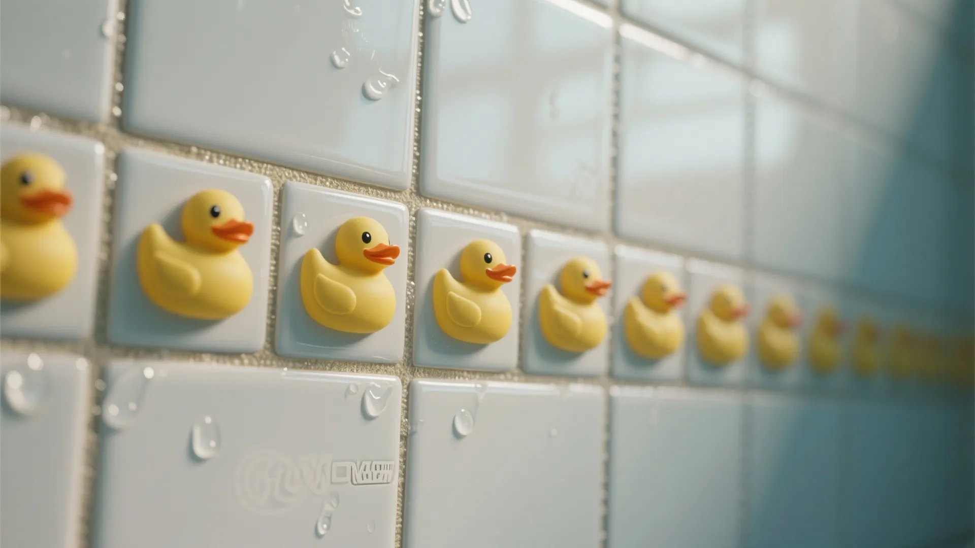 Bathroom wall tiles featuring a decorative border of small yellow rubber duck patterns and water drops