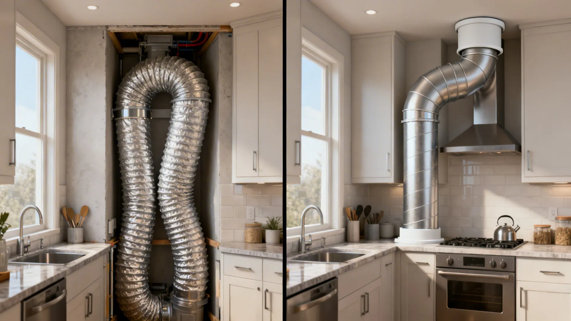 Before-and-after ducting: flex duct with sharp bends versus smooth 6-inch rigid duct with gentle elbows.