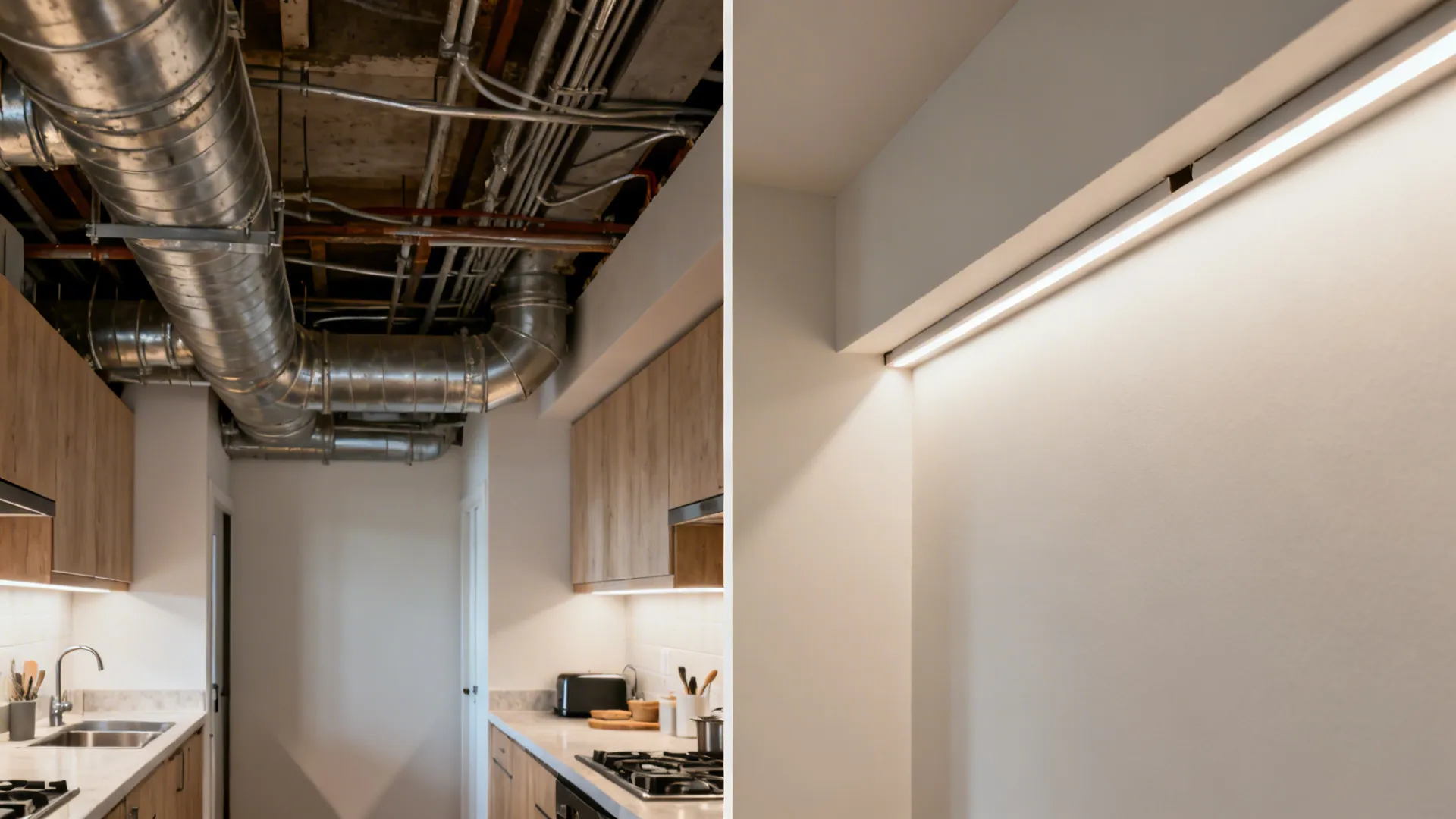 Before and after comparison of exposed metal ceiling pipes versus clean white wall with light