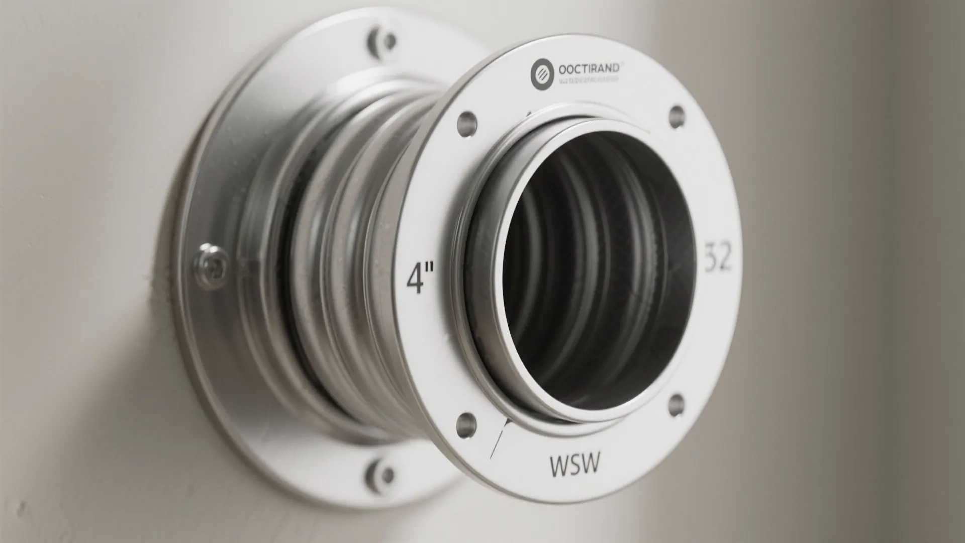 A four inch round metal pipe connector with screws mounted on a white interior wall