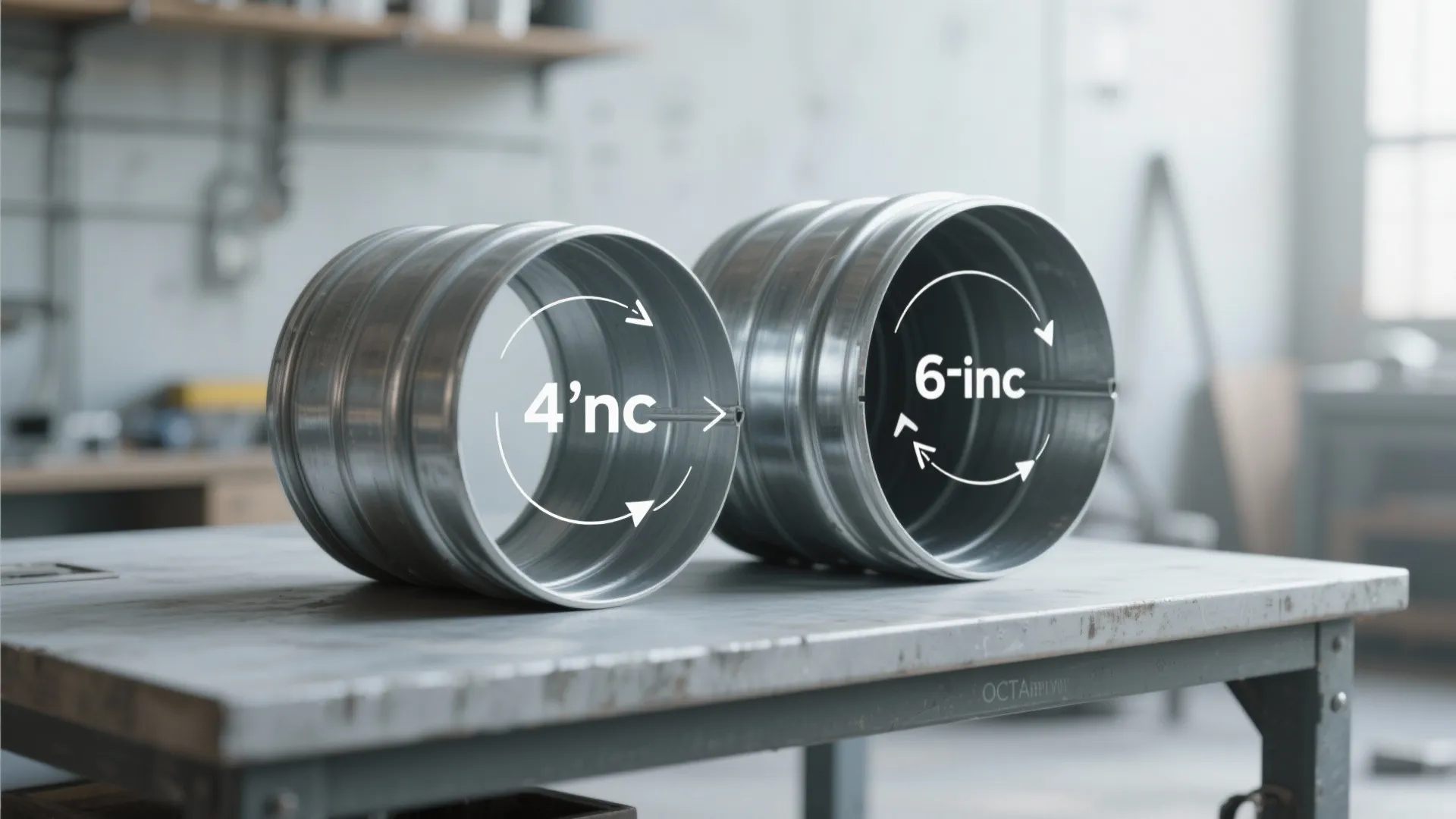 Close-up of 4" and 6" metal duct cross-sections on a table illustrating size difference.
