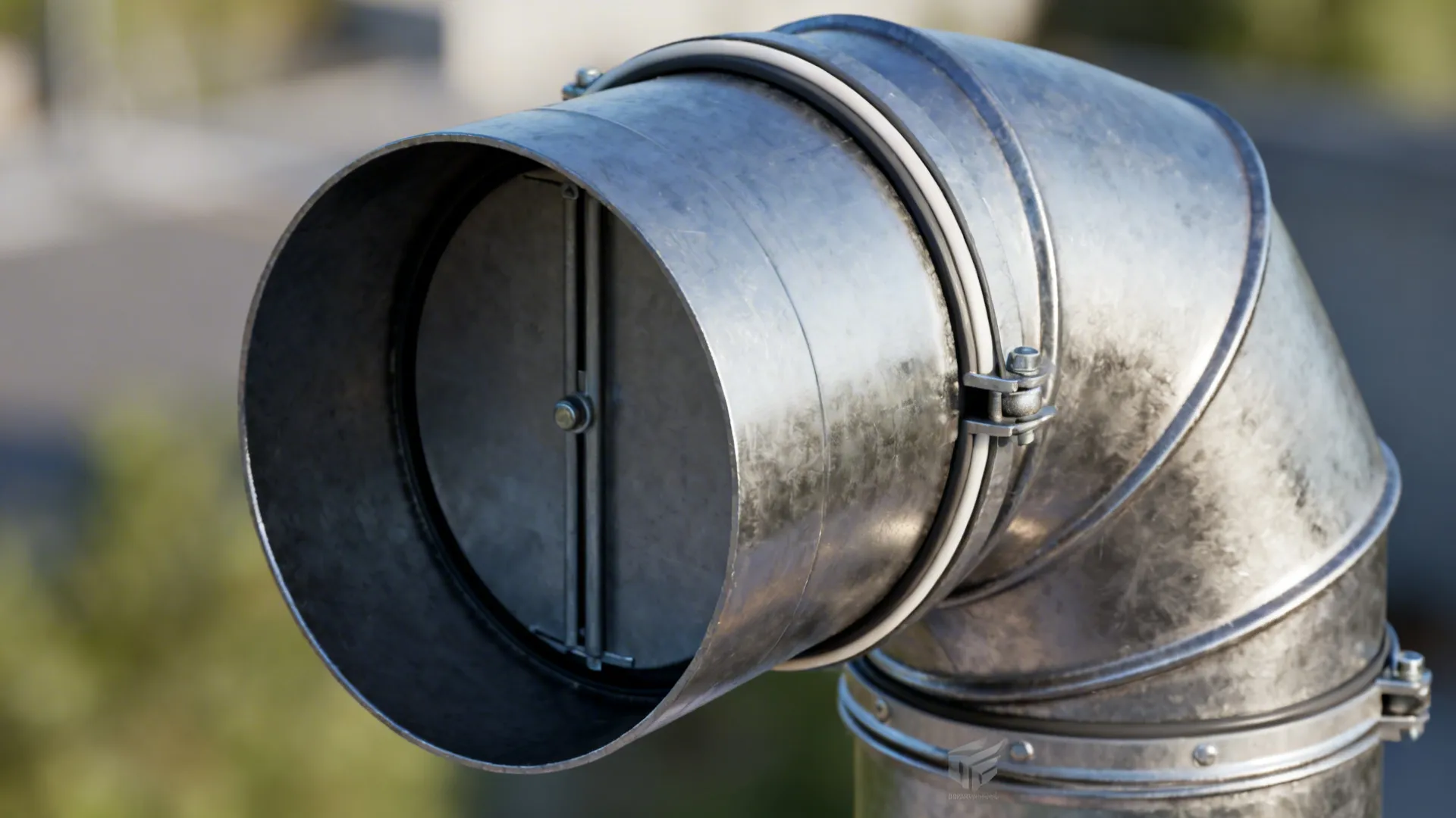 Silver metal ventilation pipe with a bend and a circular air flow control valve inside