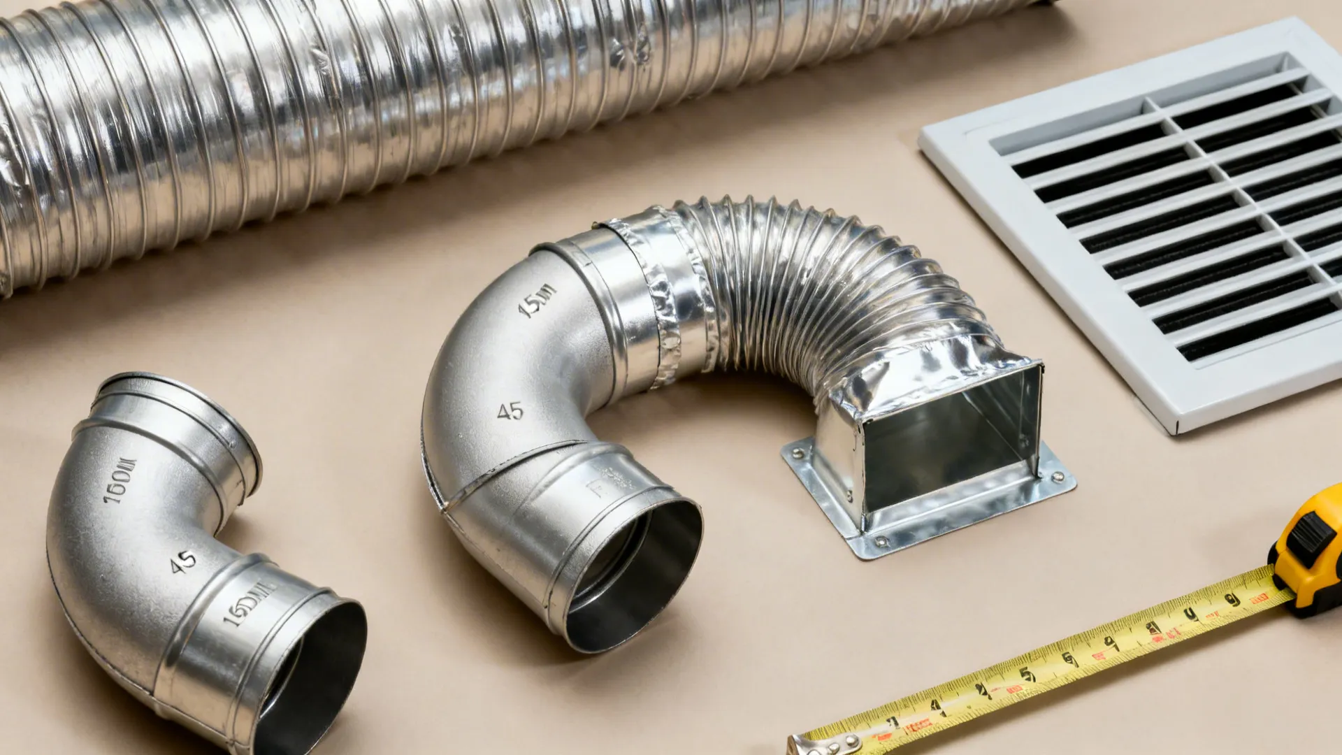 Flat lay showing 150 mm rigid duct, 45-degree elbows, semi-rigid transition, and an exterior cap.