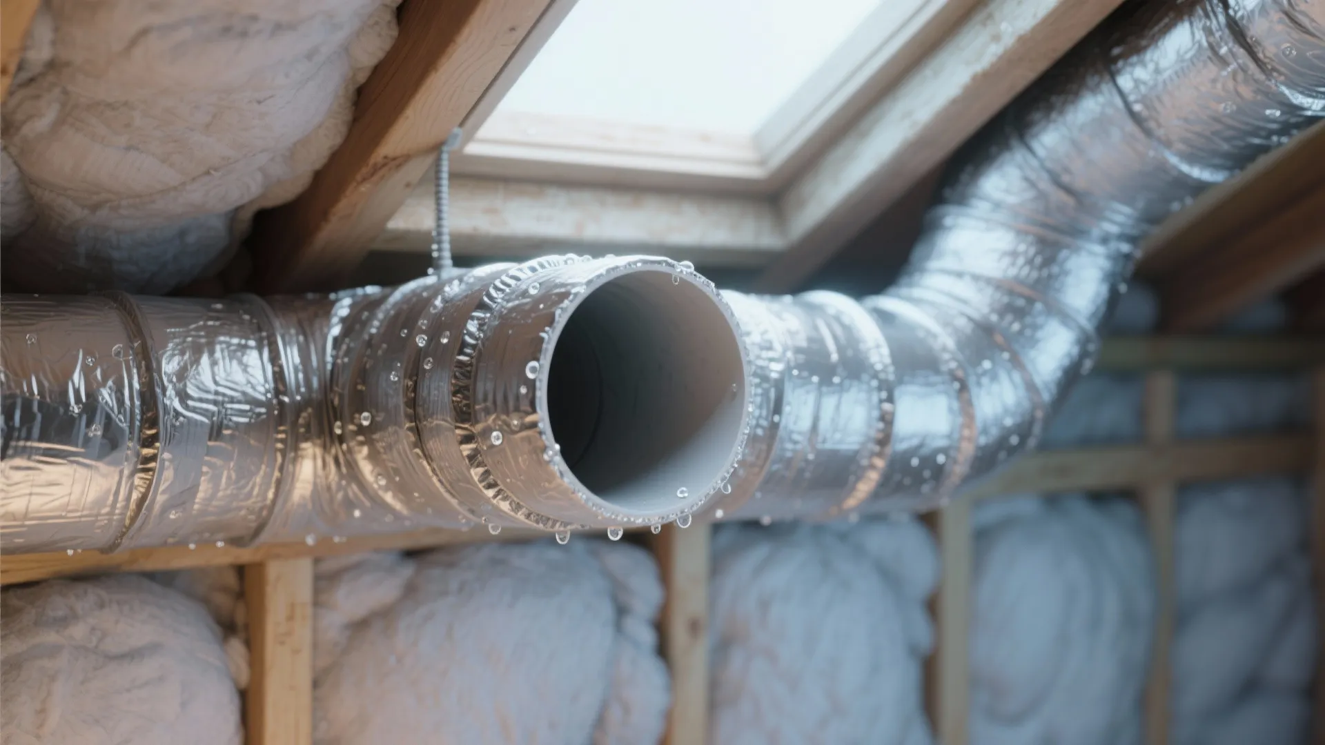 Silver air pipe with water drops in attic showing ceiling insulation and a roof window