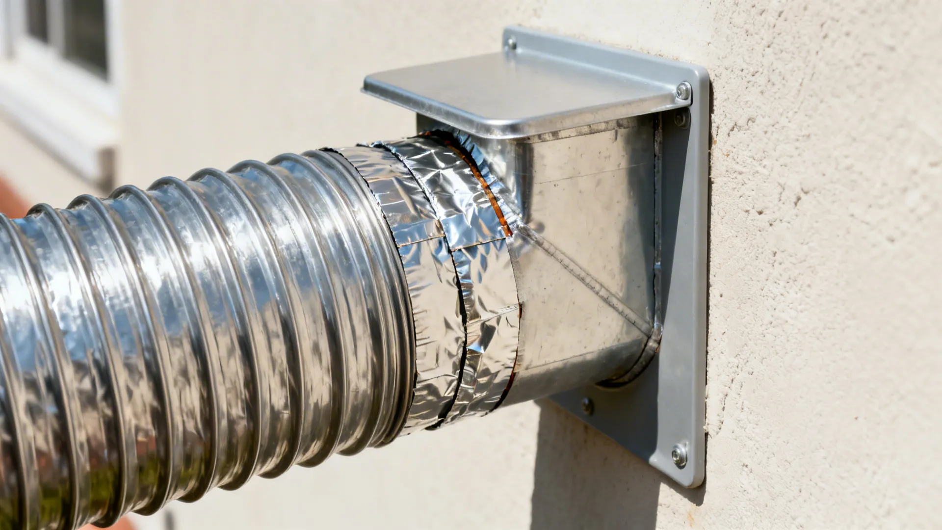 Macro of rigid aluminum duct sealed with foil tape at a chimney outlet and wall cap.