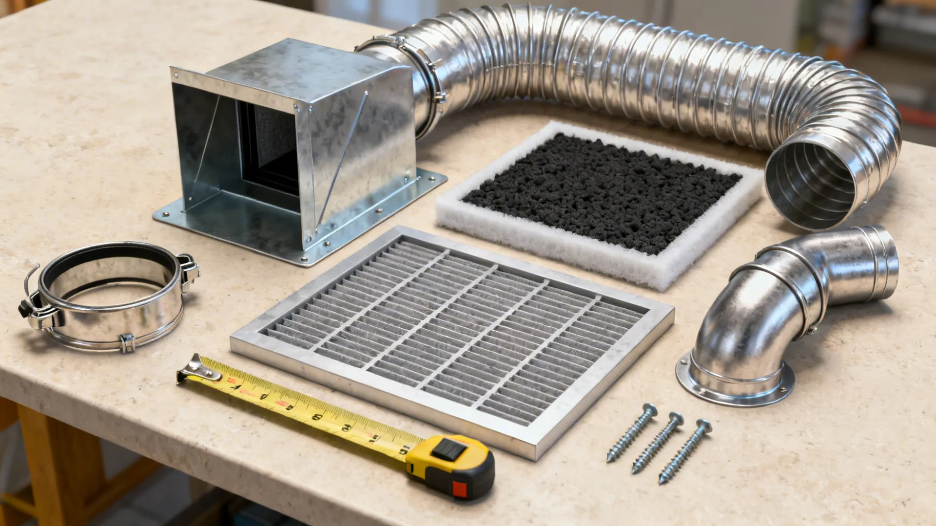 Metal ventilation pipe air filter vent cover tape measure and screws on a stone counter