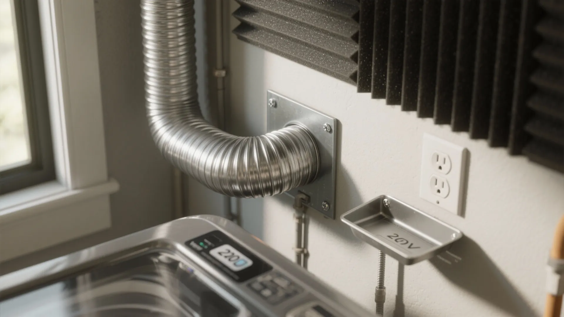Close up of a flexible silver air duct connected to a white wall with electrical socket