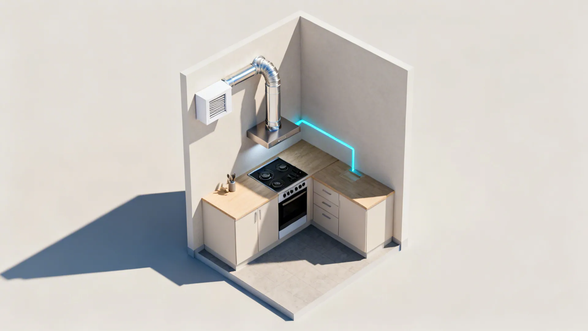 Top-down view showing a rigid short duct path from chimney to exterior wall vent.