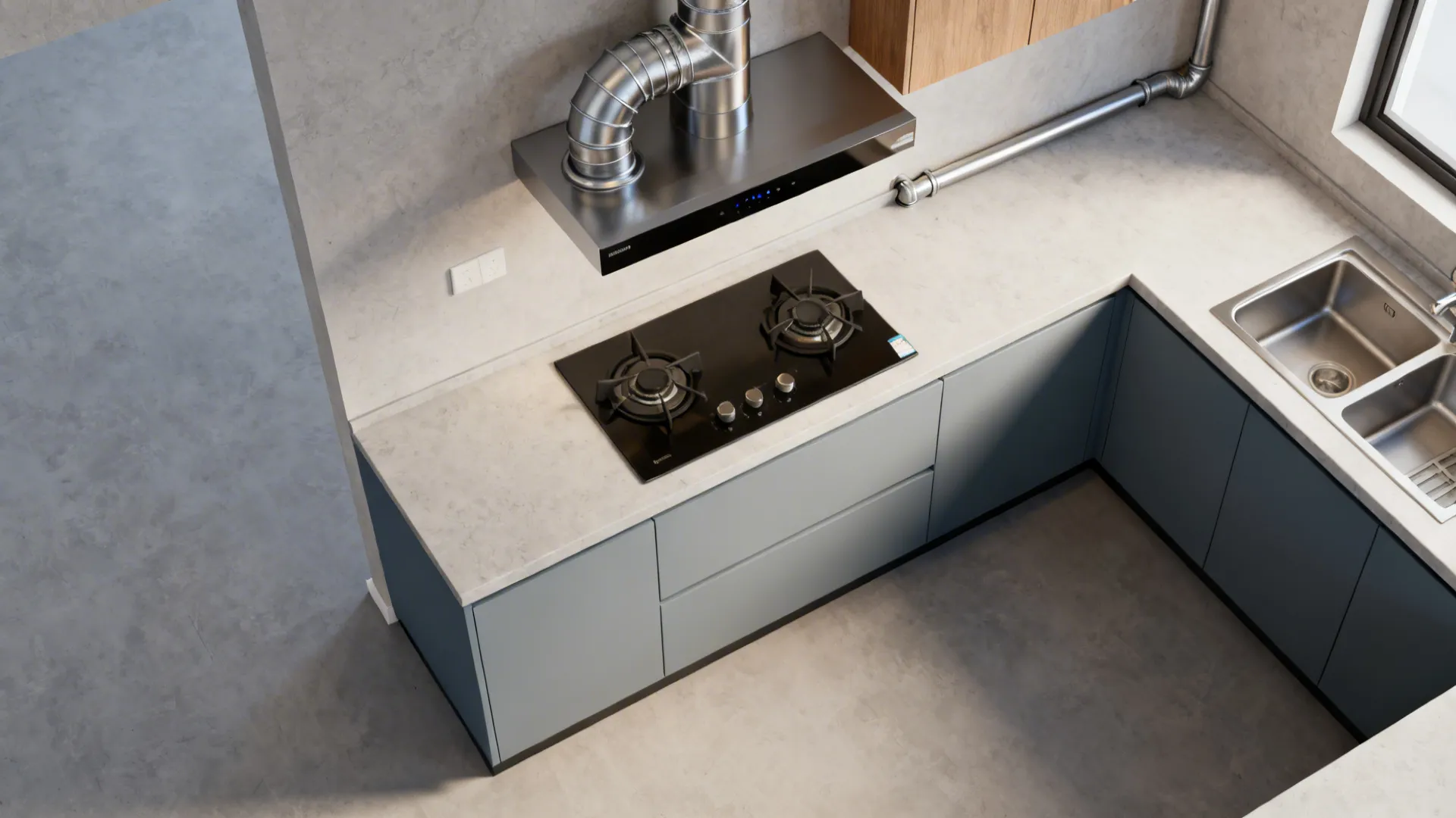 Top-down view showing a short, straight duct route from hood to exterior in a compact kitchen.