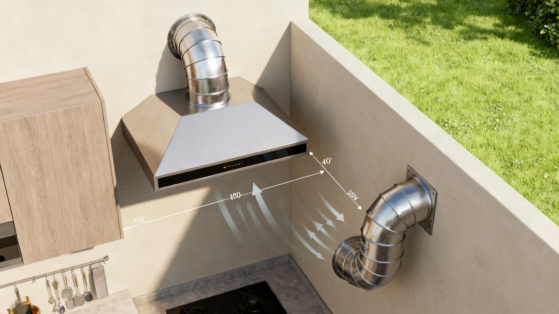 Interior design drawing showing a kitchen hood and metal pipe with arrows for air flow