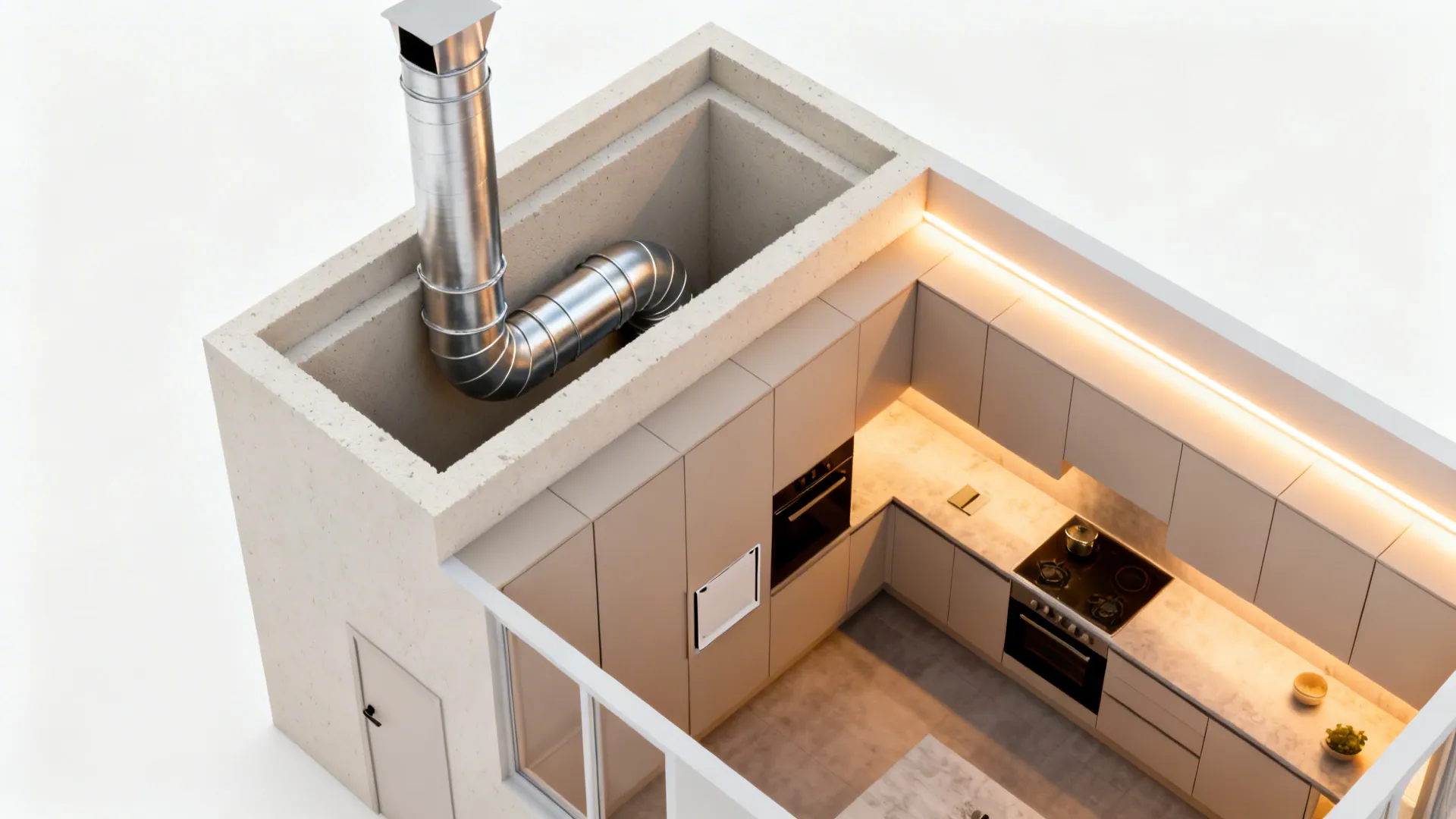 Top-down view of concealed chimney duct within a gypsum chase with perimeter LED pelmet.