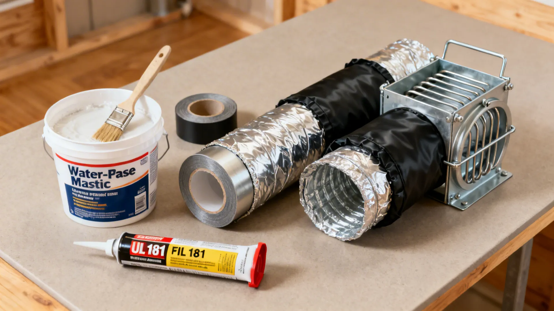 Flat lay of mastic, UL 181 foil tape, acoustic sealant, and an insulated duct section.