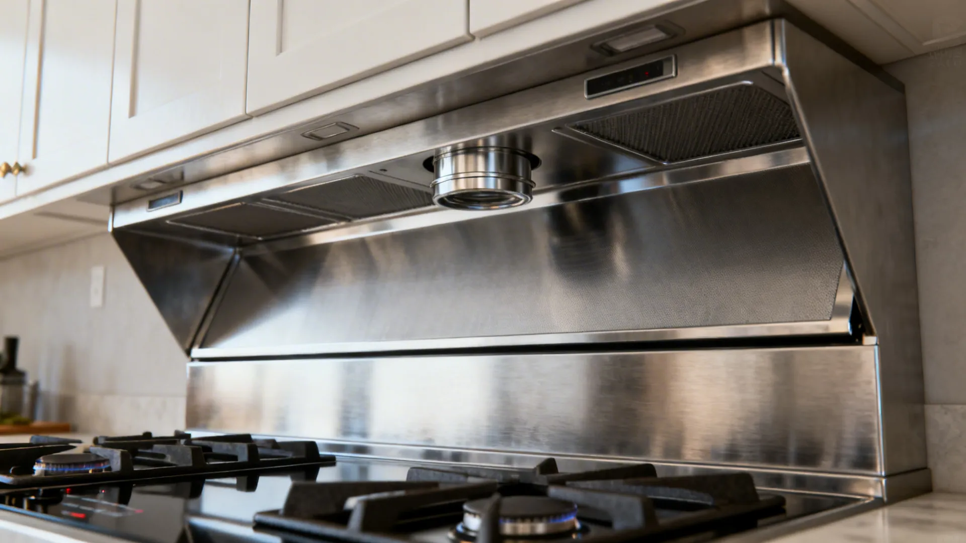 Macro of a ducted stainless range hood with deep capture area over front burners.