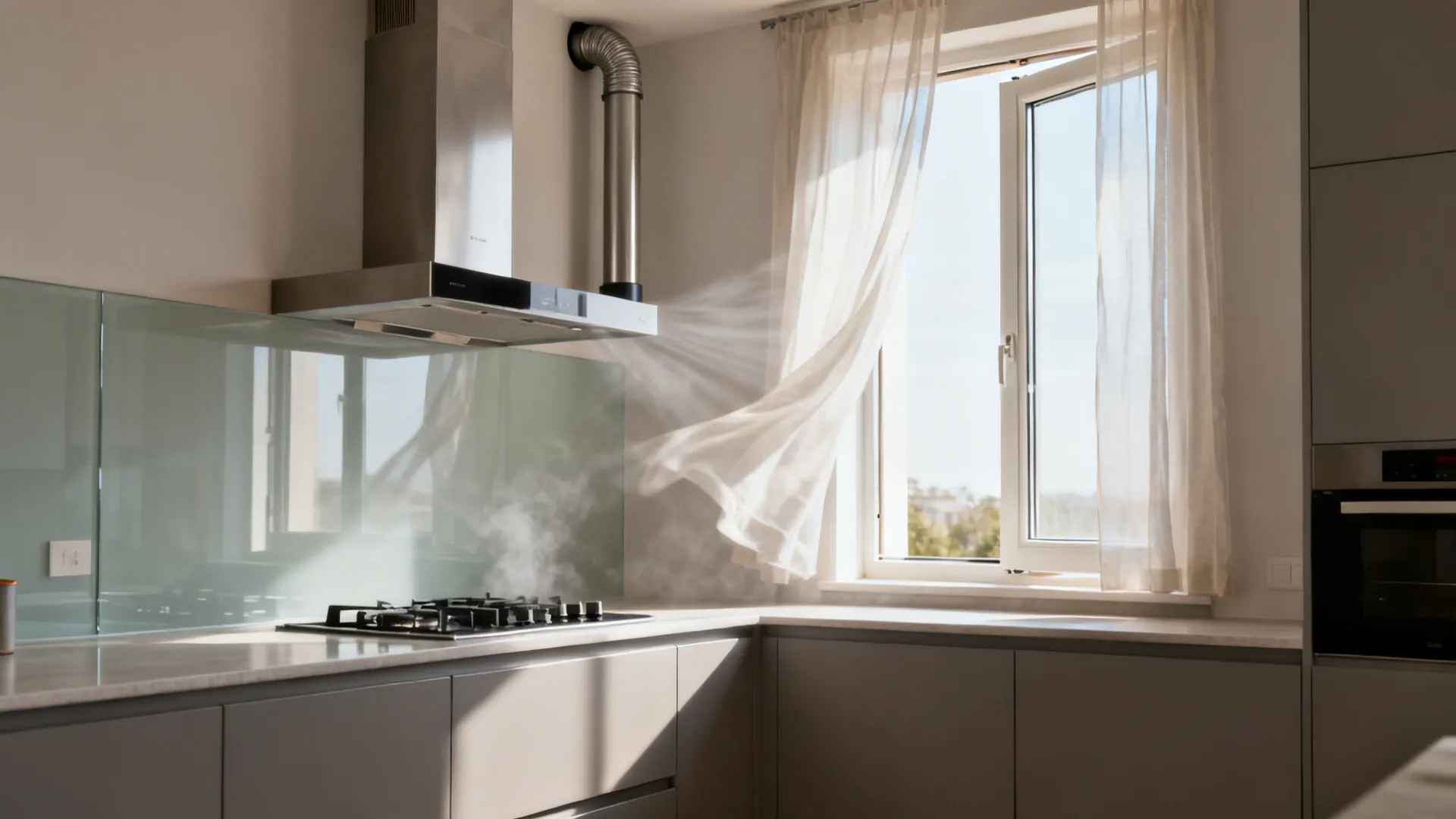 Hybrid ventilation: powerful hood + cross‑breeze strategy