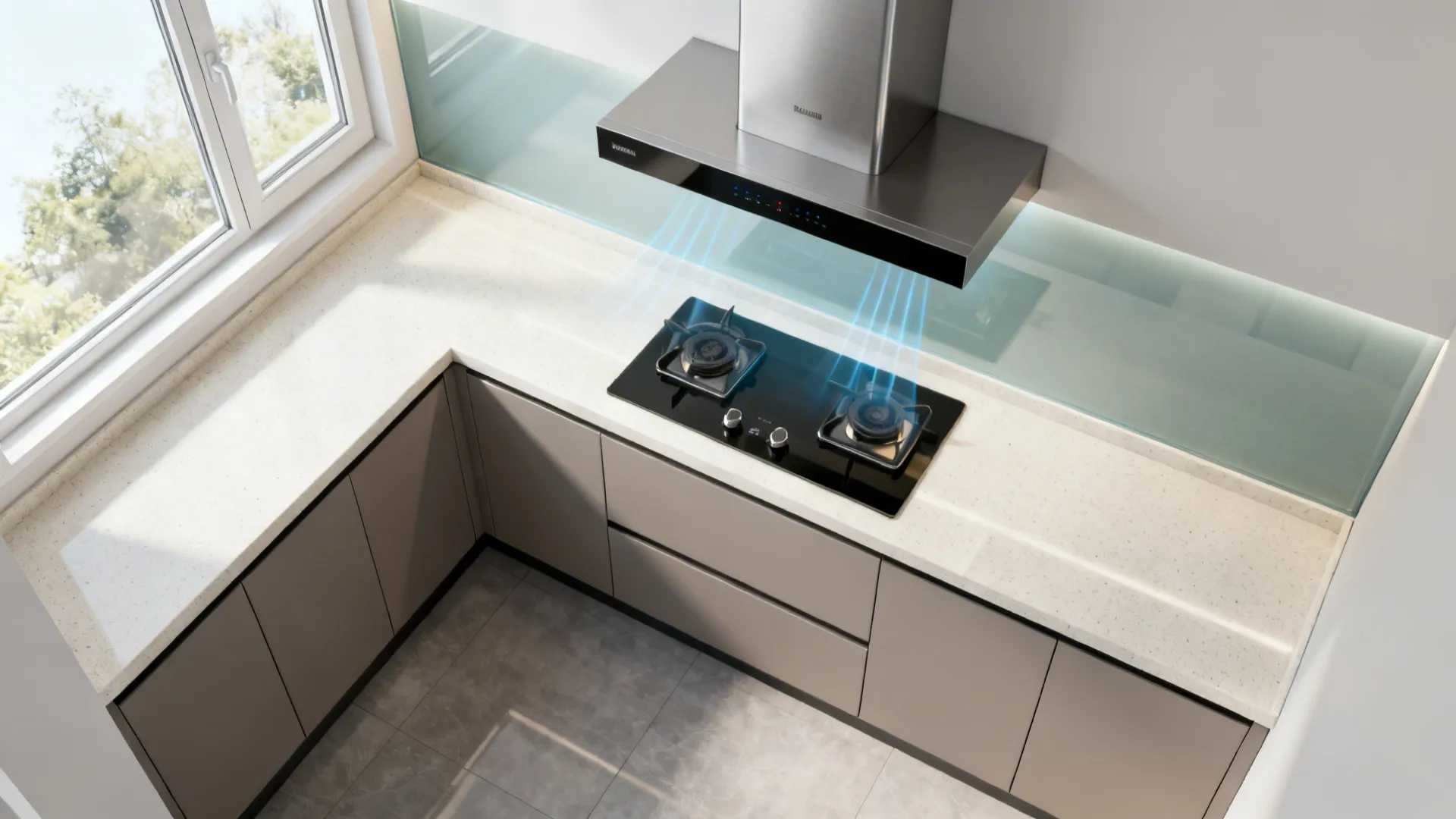 Top-down view of compact kitchen with a ducted hood above a Southeast hob and short straight ducting.