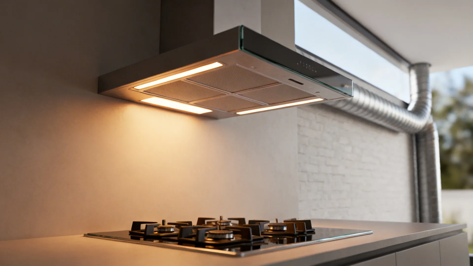 Macro of a ducted range hood with warm LED task lighting over a cooktop.
