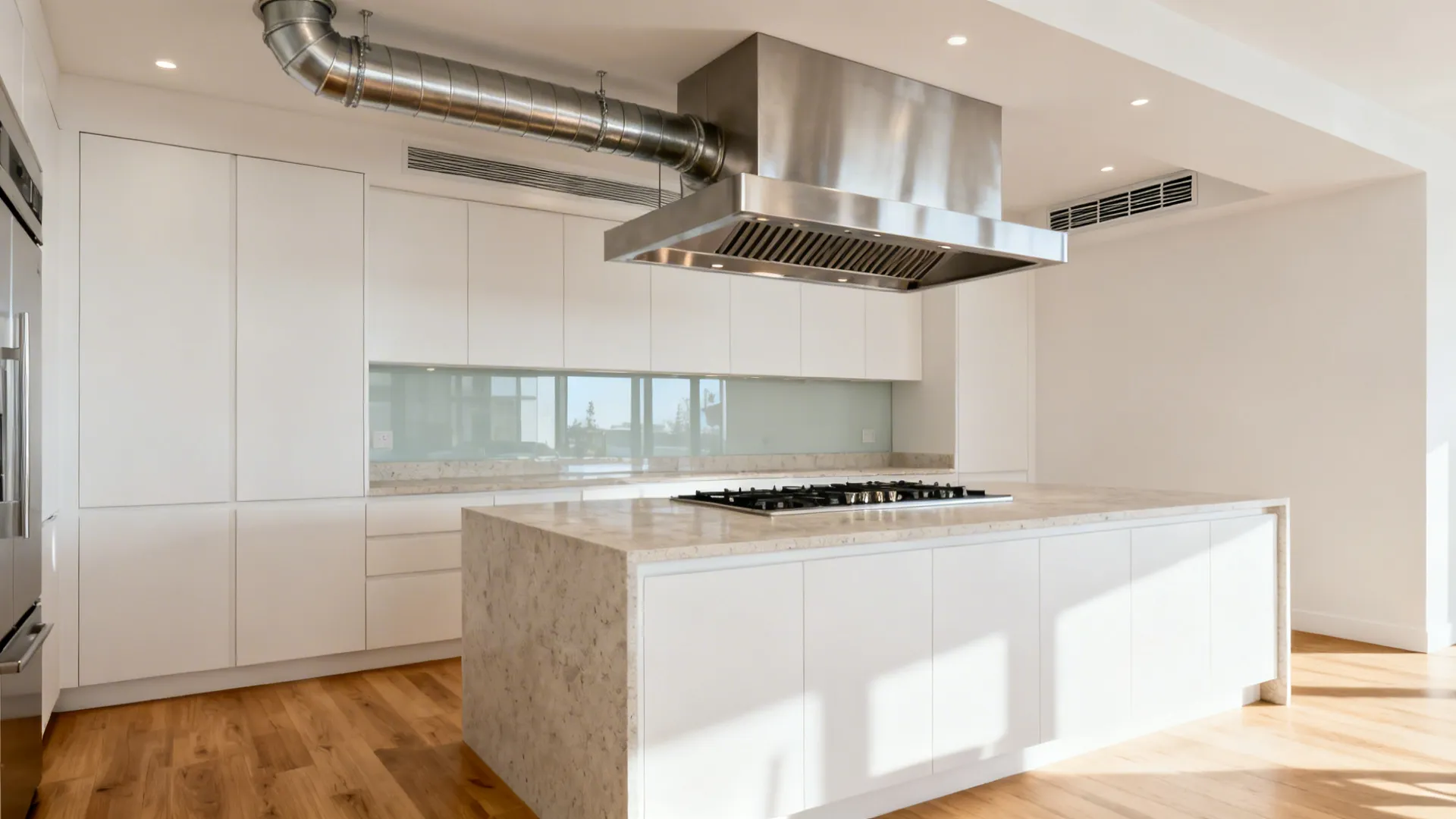 Ceiling‑Mounted Ducted Chimney Above the Island