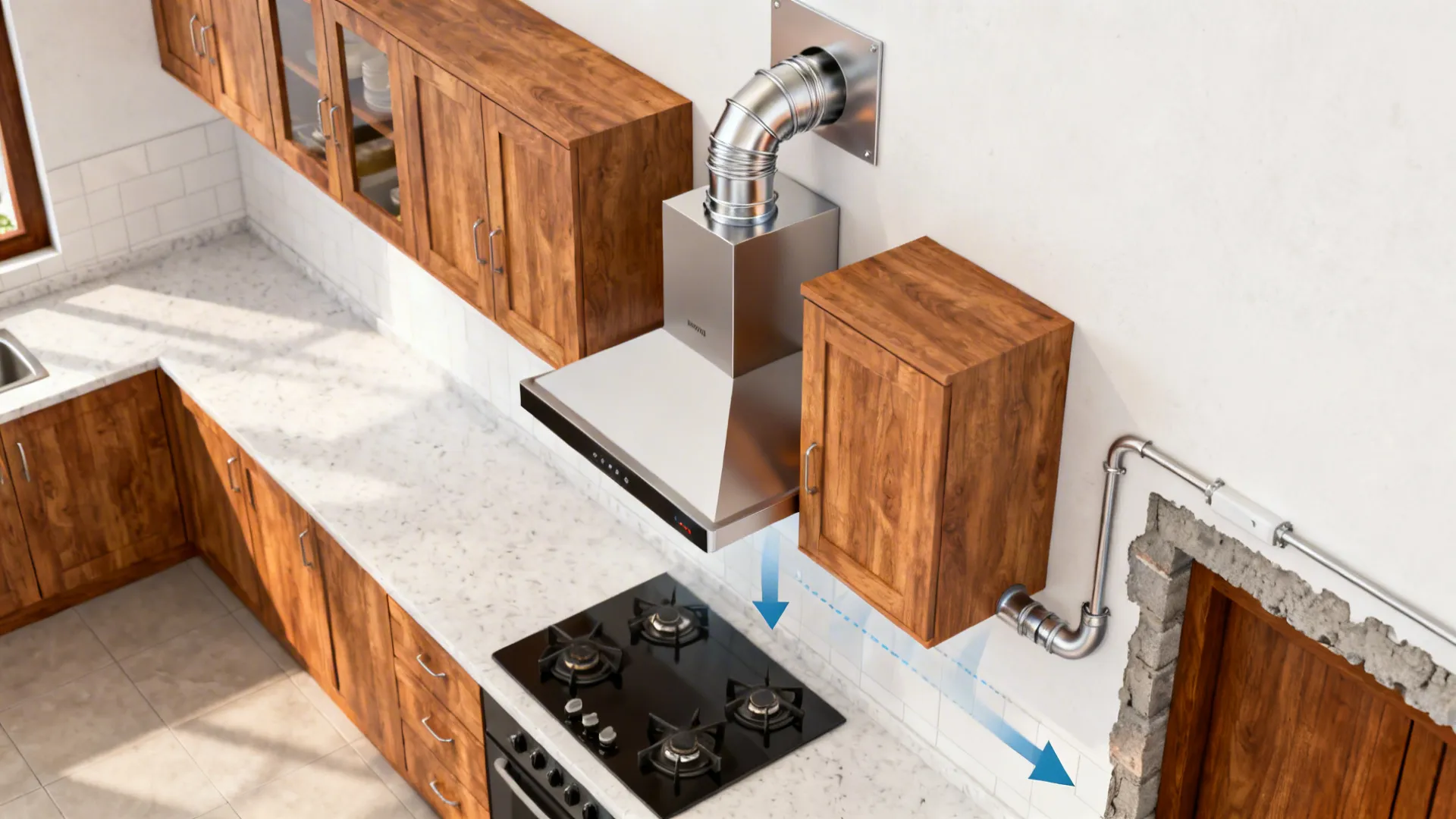 Top-down view of a ducted chimney with a short straight smooth-wall duct to an exterior wall.