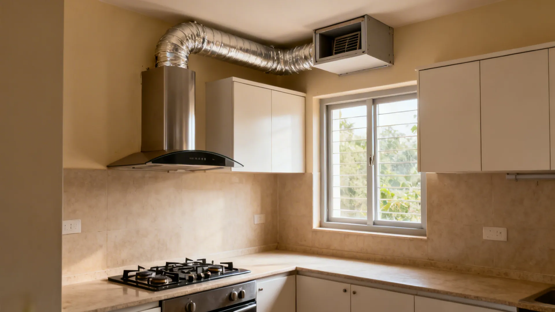 Compact Indian kitchen with hob on external wall and neatly boxed ducted chimney.