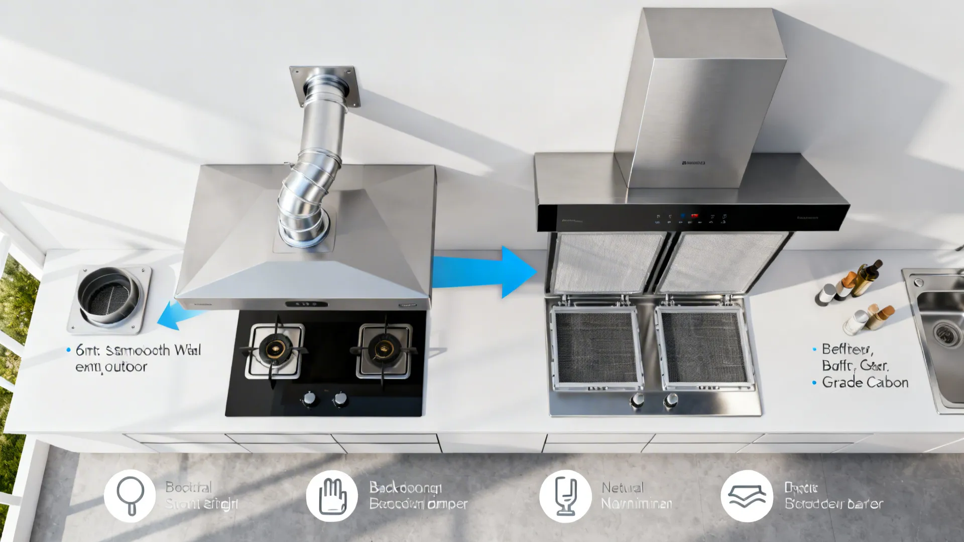 Top-down comparison of ducted and ductless chimney configurations in a small kitchen.