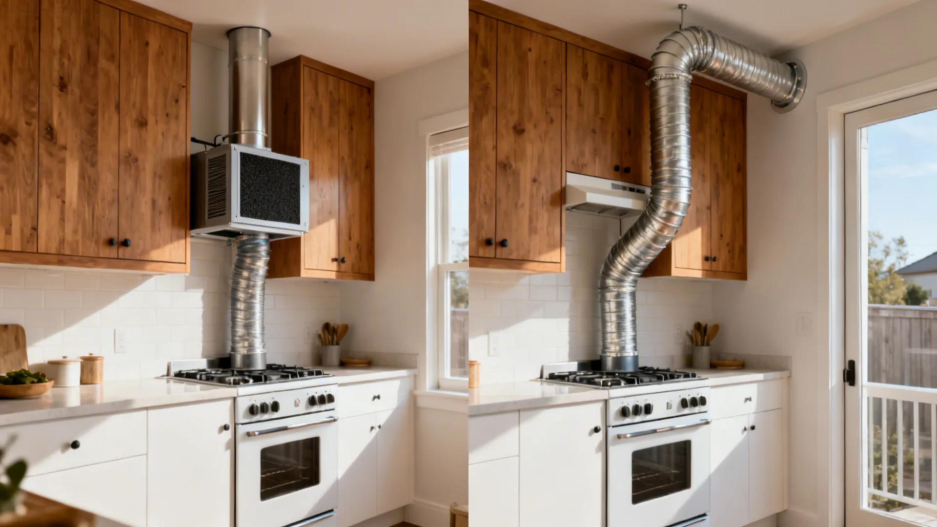Side-by-side view comparing a ductless chimney with carbon filter and a ducted chimney with rigid exterior ducting.