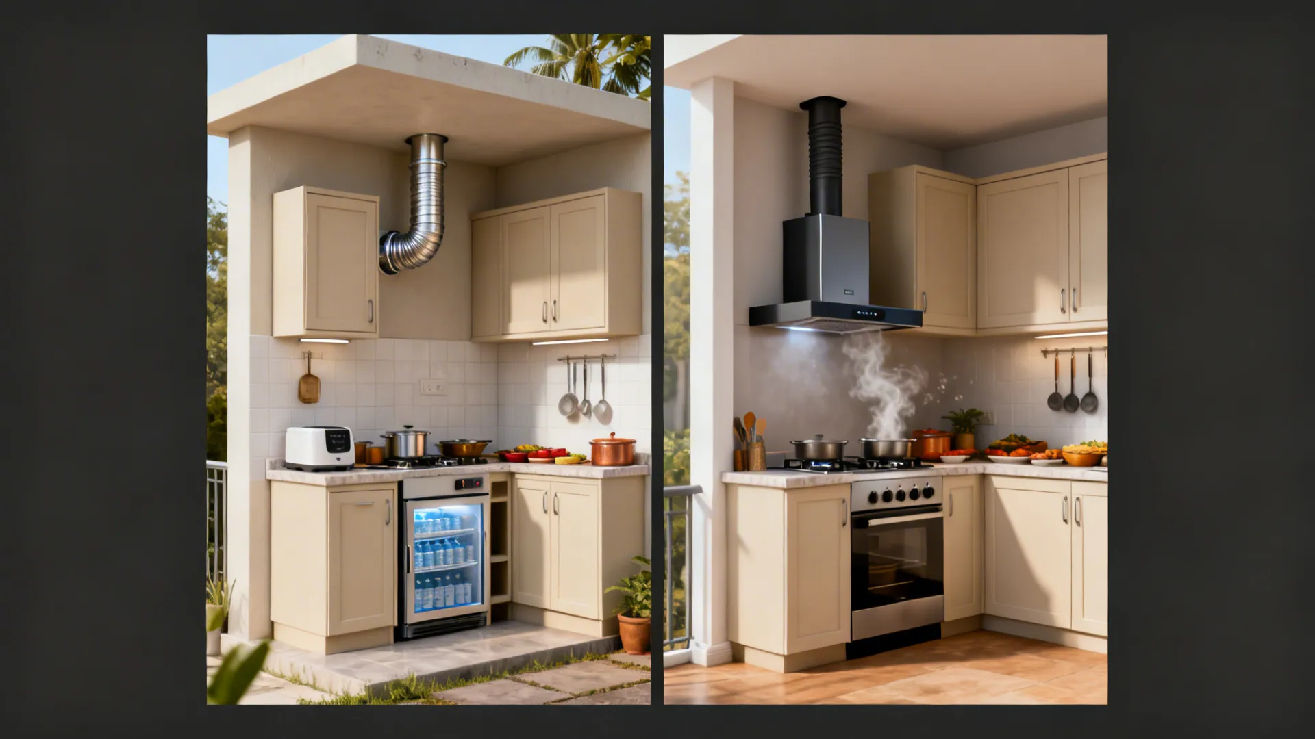 Comparison between a basic kitchen stove with silver pipe and modern black hood with cabinets