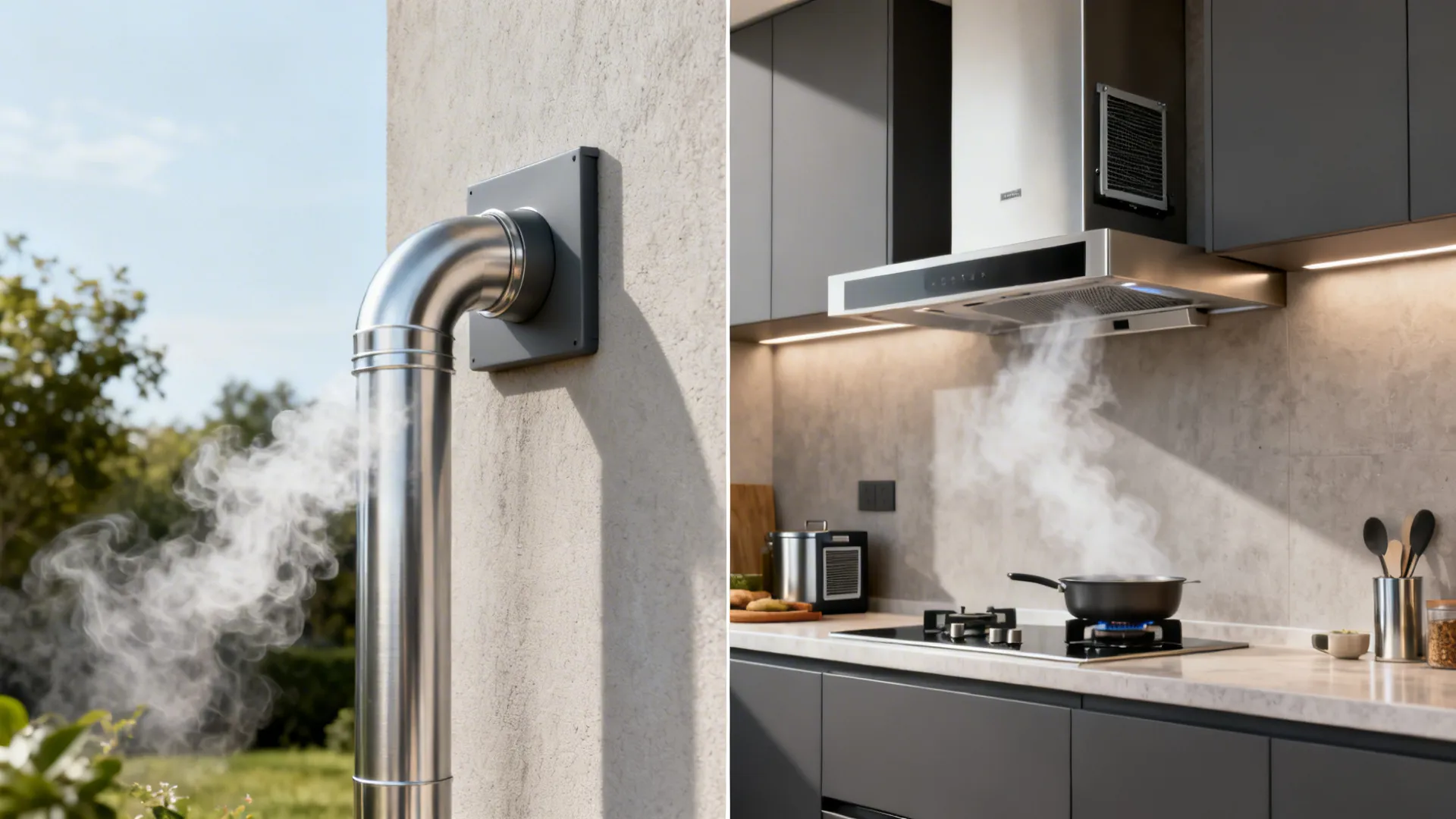 Side-by-side view of a ducted outdoor vented hood and a ductless hood with charcoal filters.