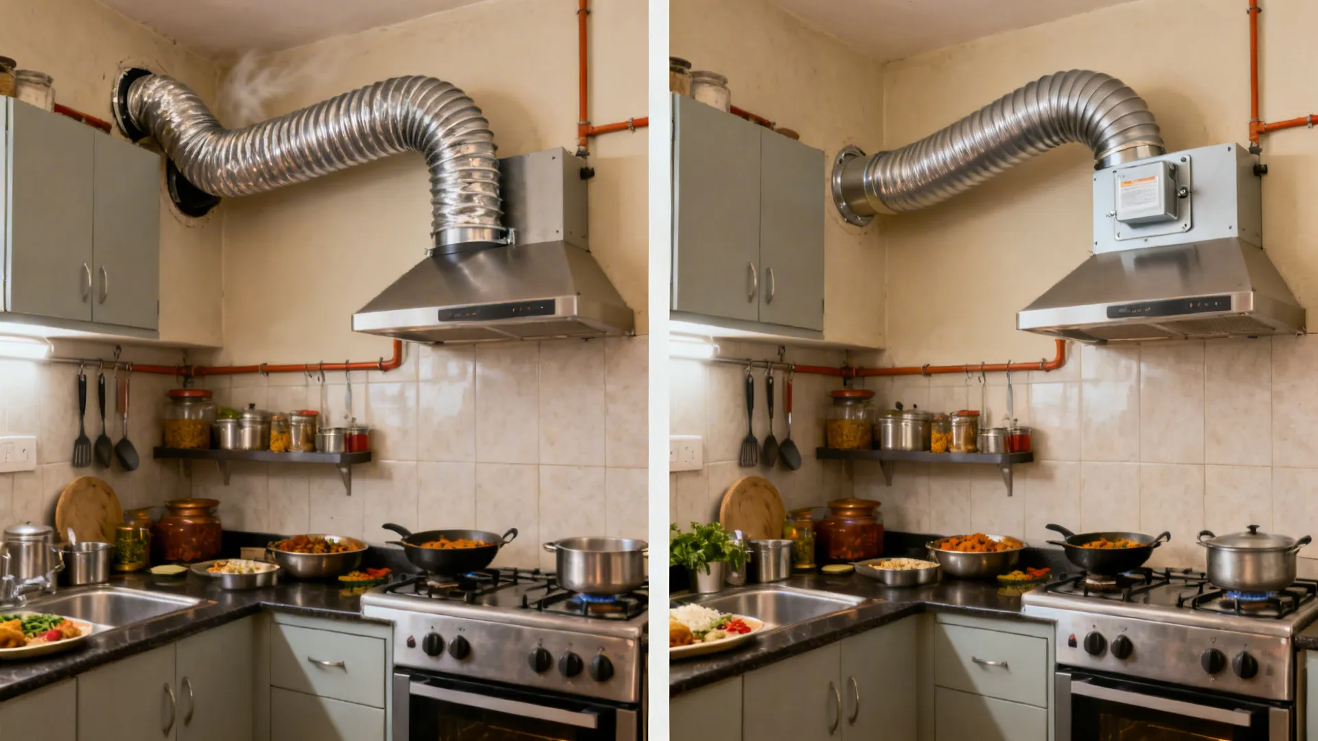 Before-and-after comparison of corrugated, bent ducting versus smooth short duct with gentle elbows.