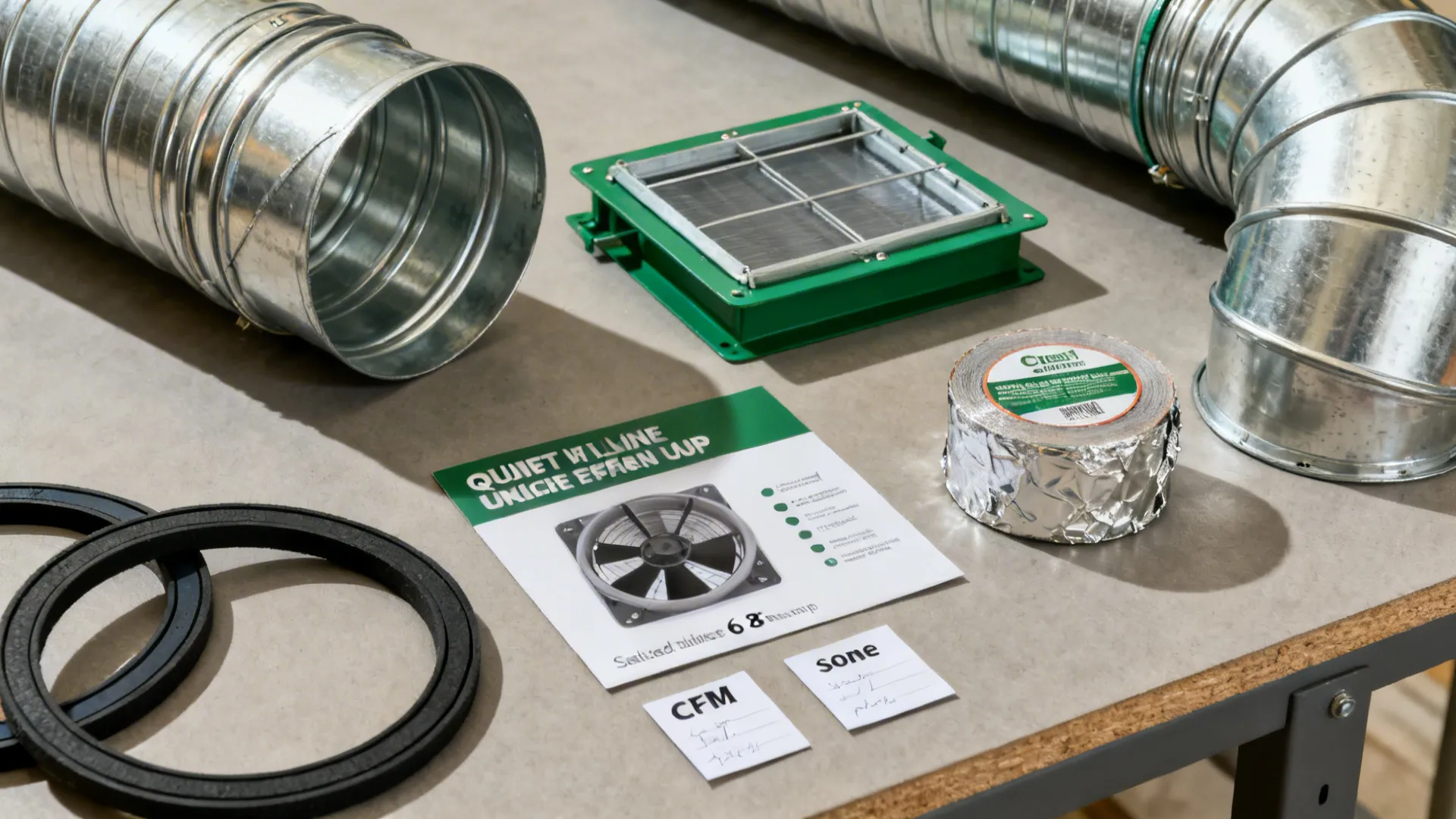 Flat lay of round metal ducts, elbows, damper, and sealing tape for quiet airflow.