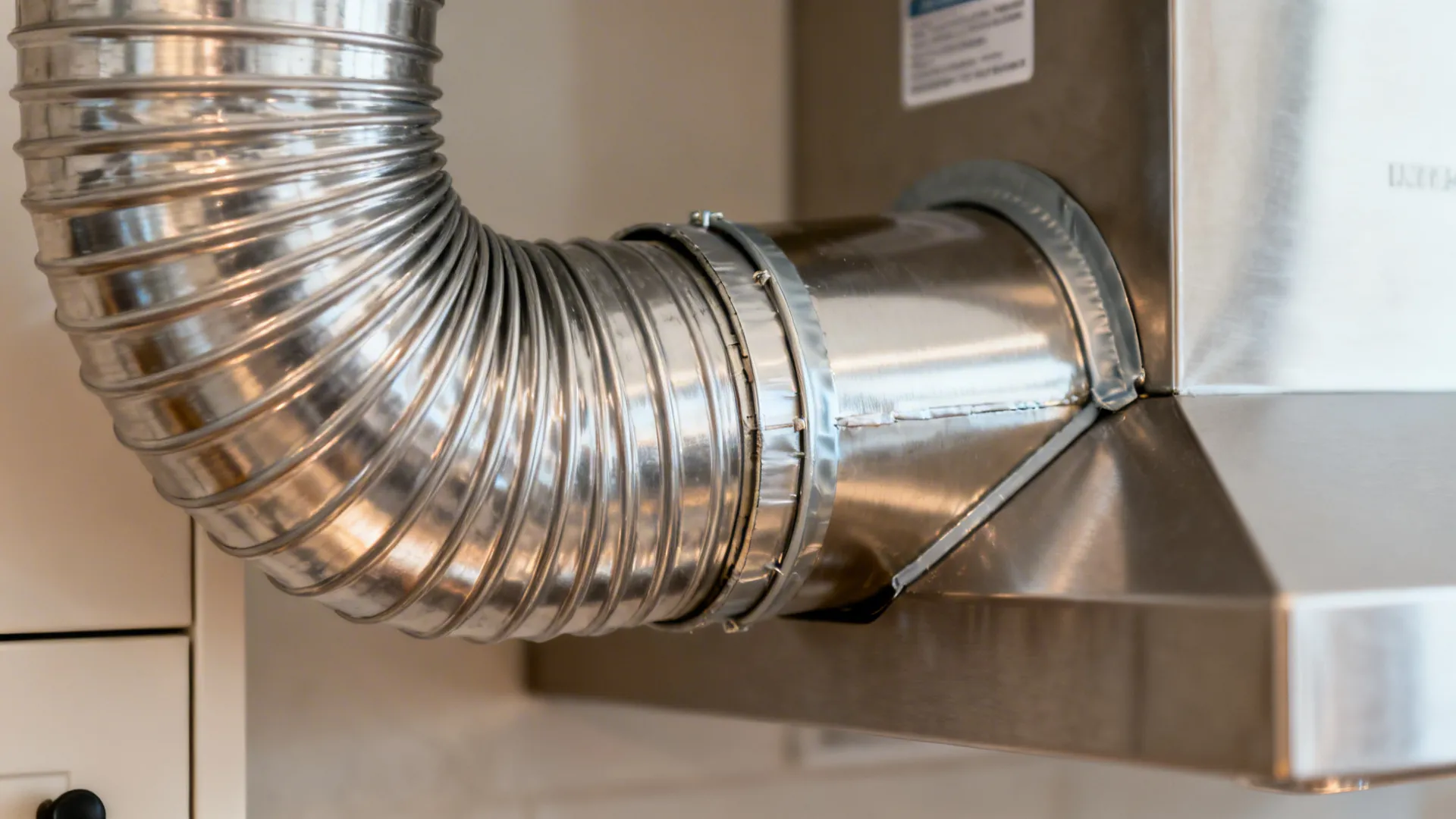 Close-up of a chimney hood connected to rigid ducting with smooth elbow and sealed joints.