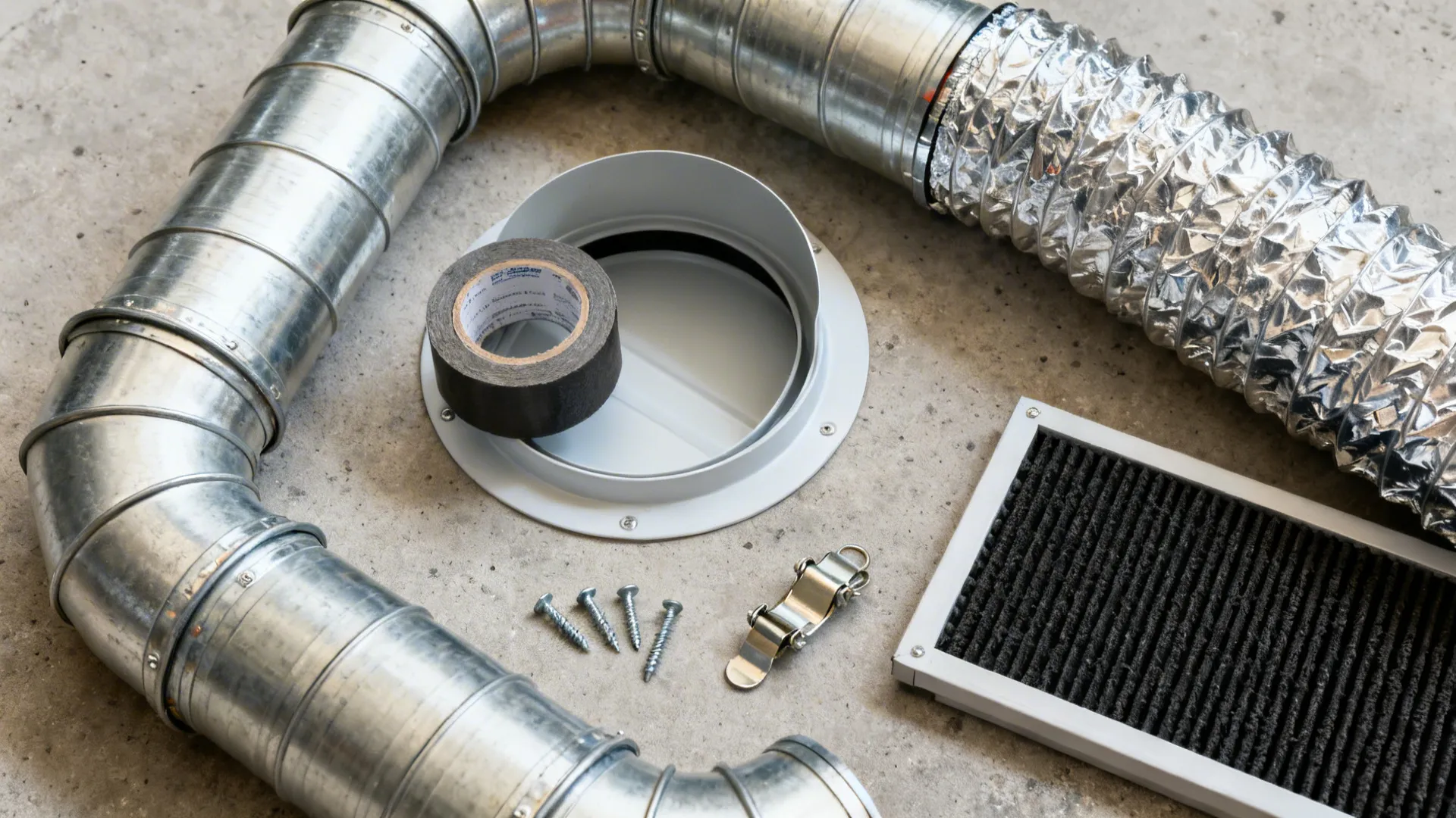 Flat lay of rigid metal ducts, elbows, wall cap, foil tape, and carbon filter cartridges on a concrete surface.