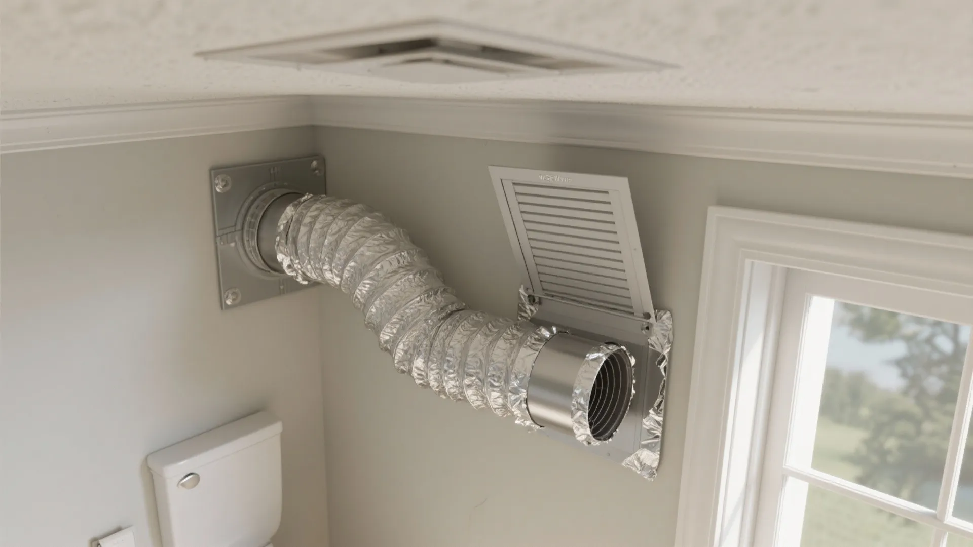 Silver flexible air duct pipe connecting two wall vents in a corner above a white toilet