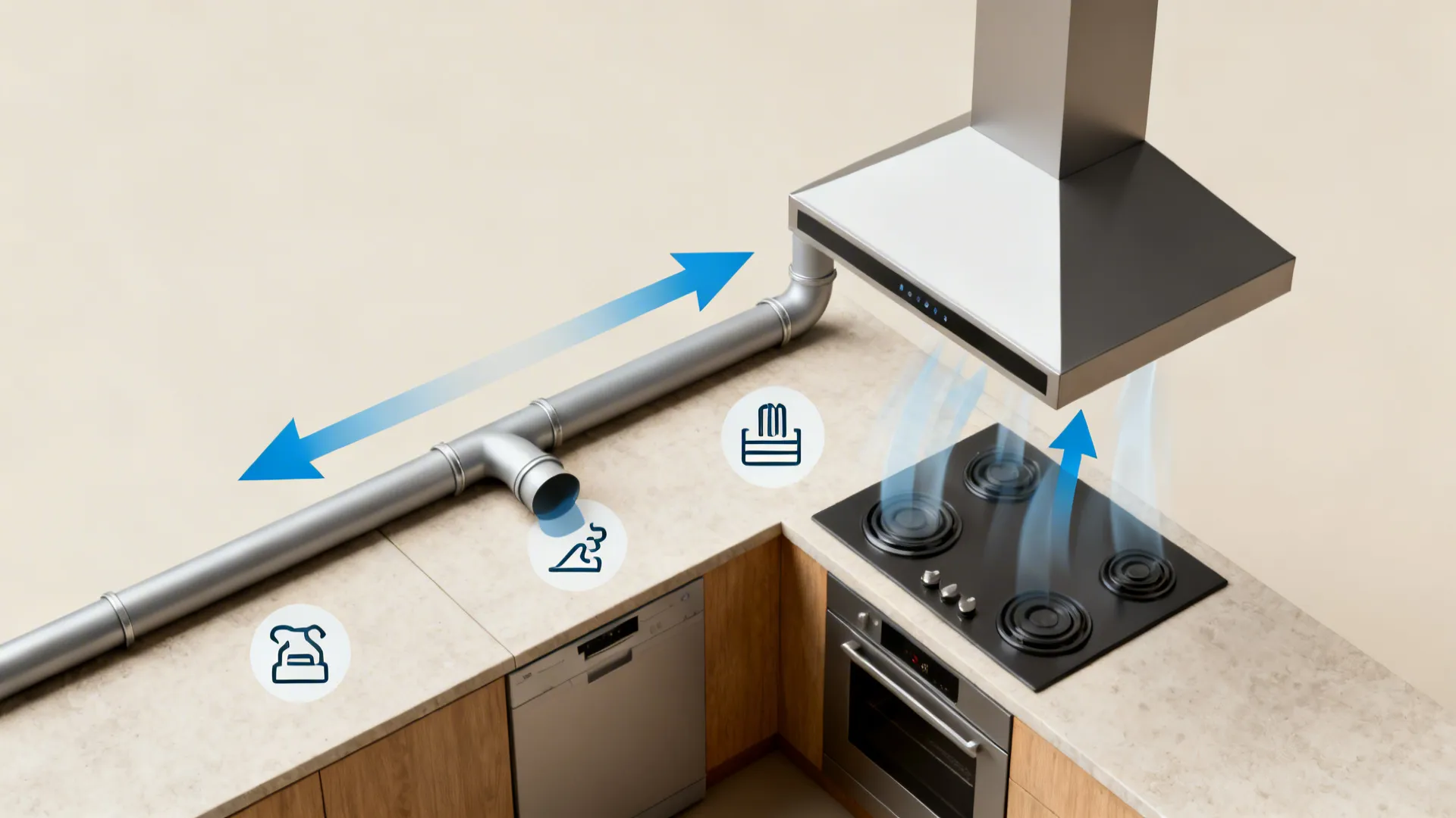 Flowchart showing air ventilation process from a kitchen stove through a metal ducting pipe system
