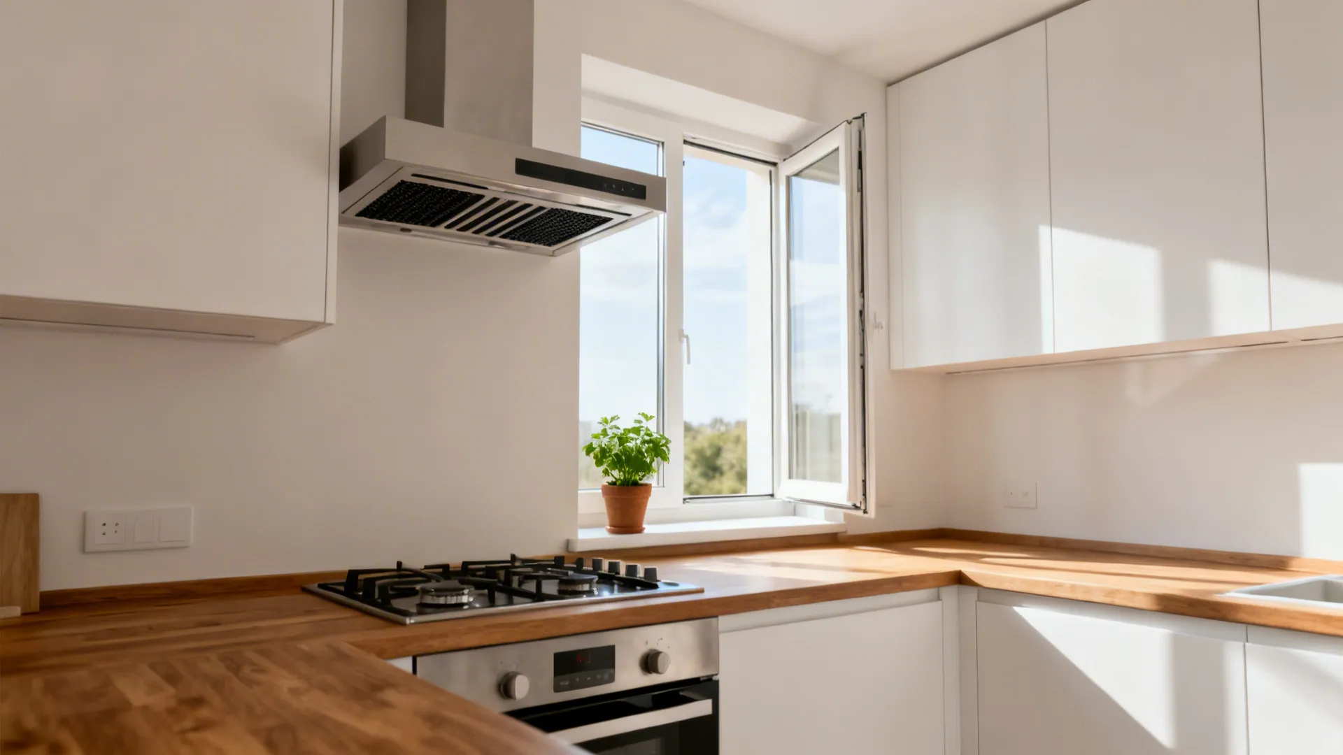 Ductless hood with carbon filters in a compact galley kitchen with an open window for cross-ventilation.