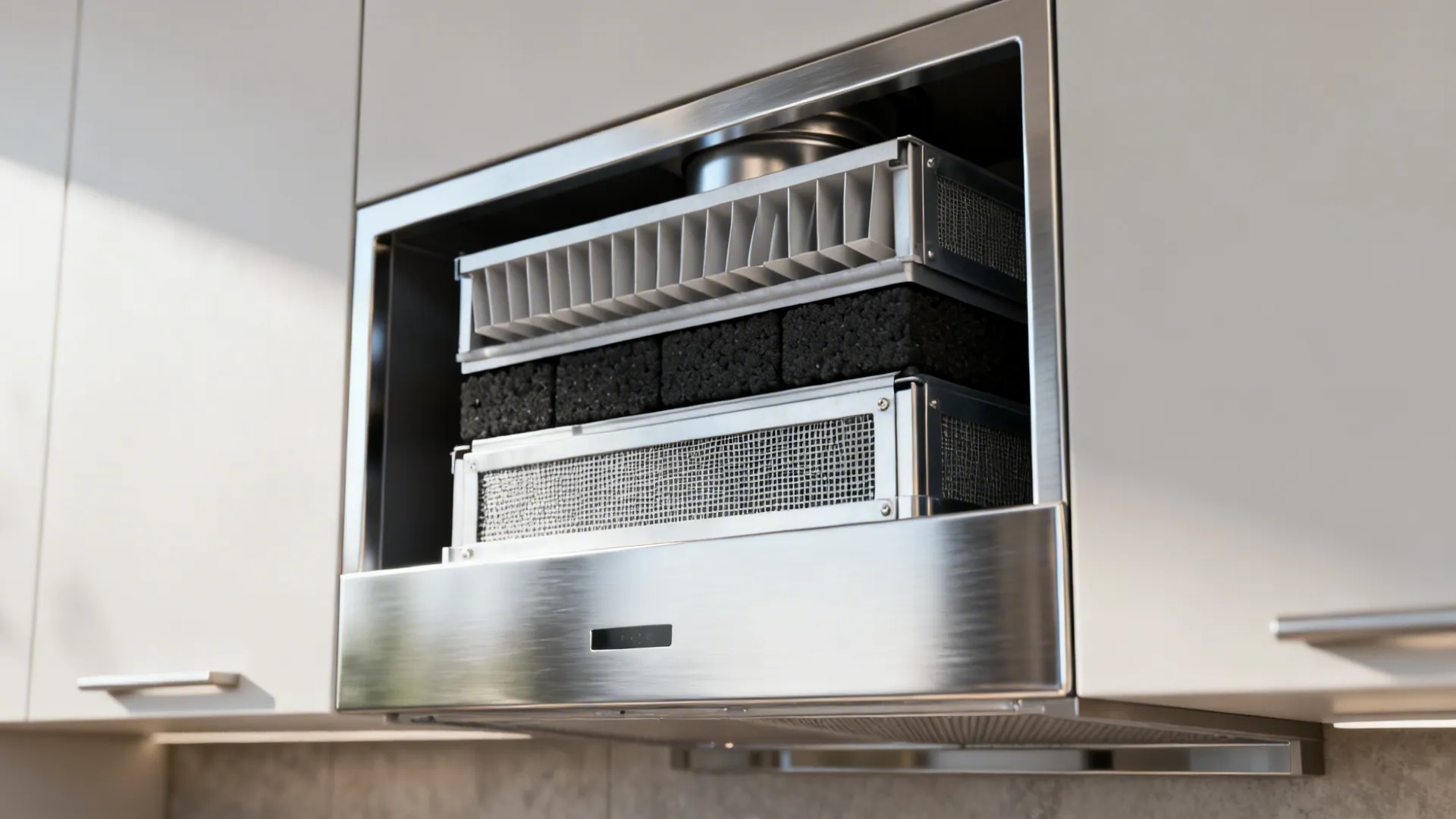 Close-up of a ductless chimney showing baffle, mesh, and carbon filters for hybrid filtration.