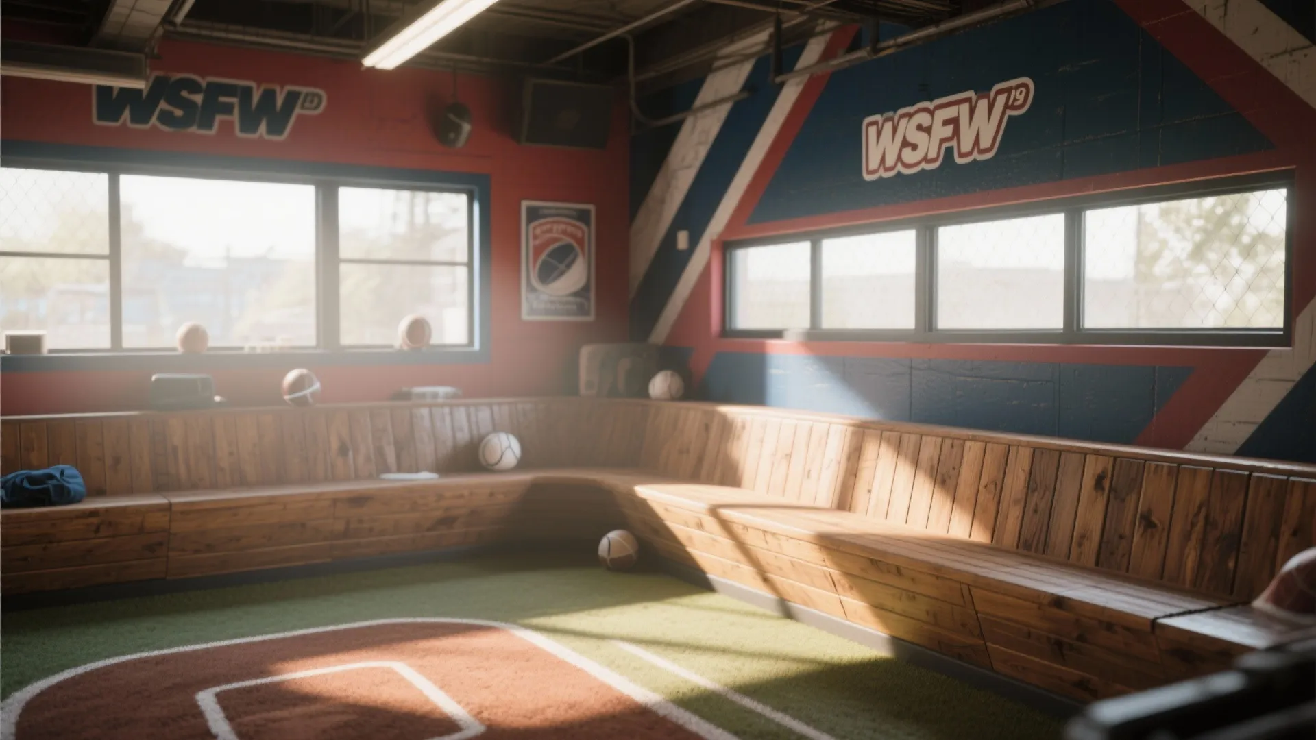 Sporty guest room with dugout-style wooden bench seating