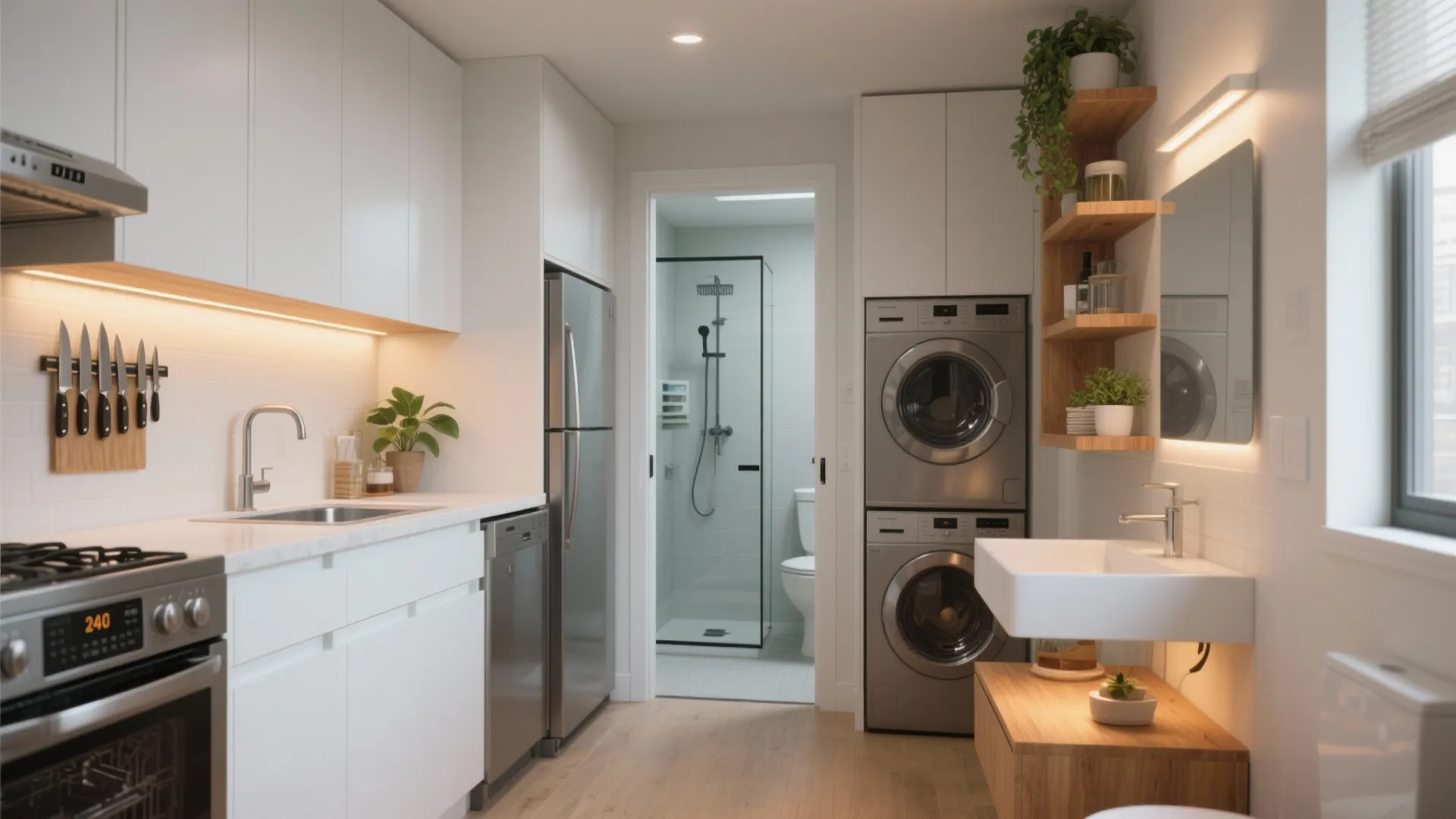 Modern white kitchen with silver fridge next to small bathroom containing shower and laundry machines