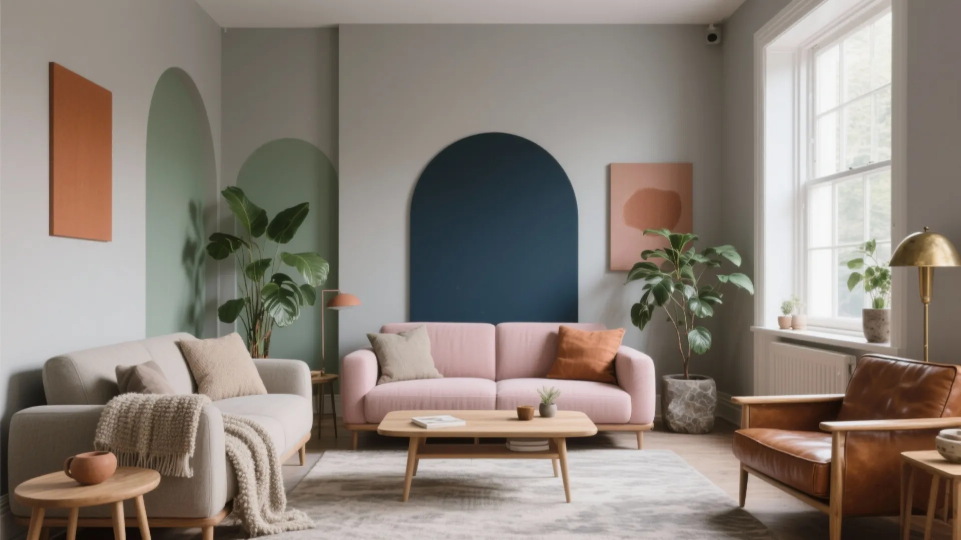 Living room with pink sofa, leather armchair, wooden coffee table, and colorful painted wall arches