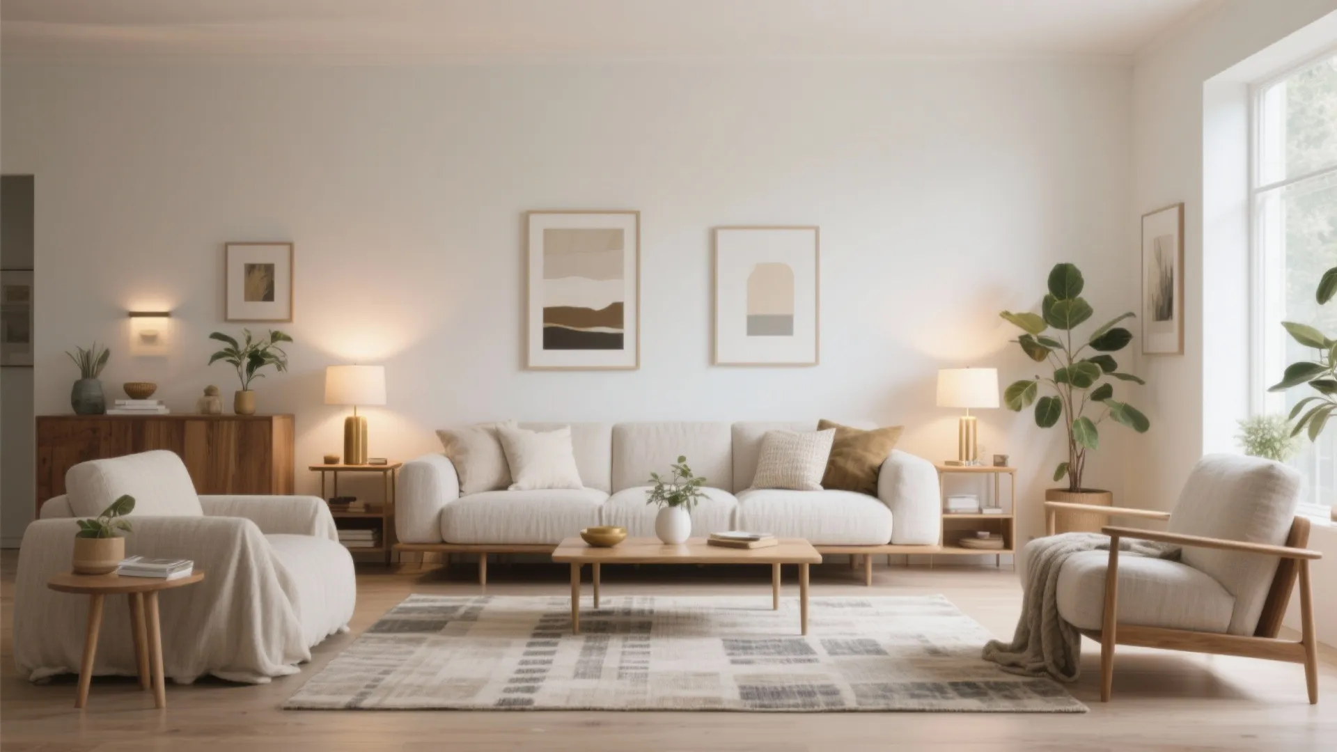 Minimalist living room featuring cream sofa wooden coffee table patterned rug wall art and plants